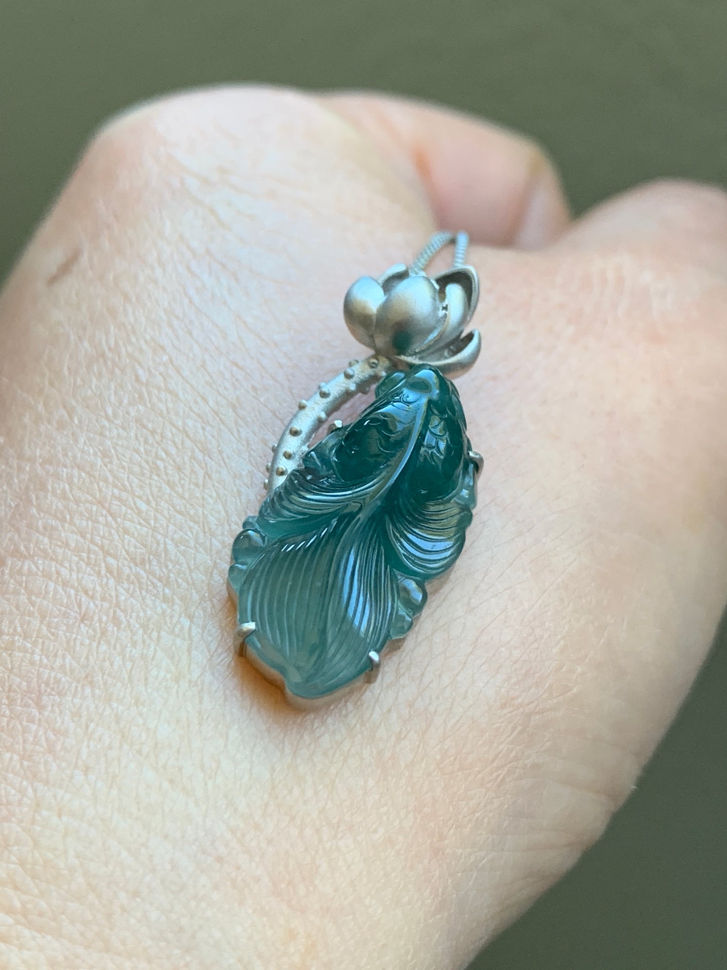 Certified Natural Guatemalan Premium Icy Highly Translucent Dark Teal Blue Jade Jadeite Goldfish Pendant Sterling Silver 天然冰危湖水蓝翡翠金鱼镶嵌吊坠 8618