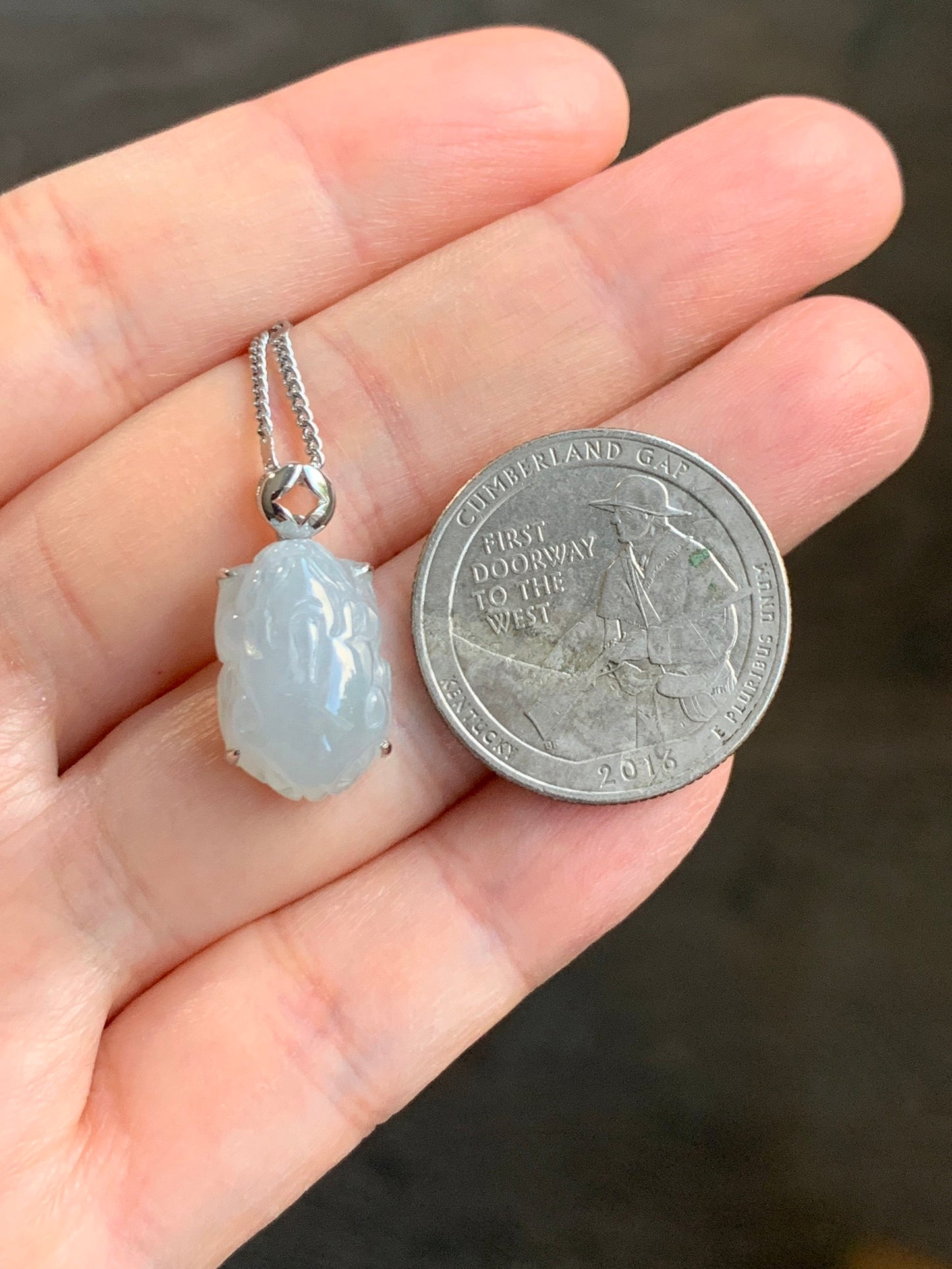 Certified Natural Grade A Icy Translucent Gelatinous Pastel Dusty Blue Jadeite Carved Petite Pixiu Pendant 18K White Gold 天然冰胶淡蓝翡翠貔貅镶嵌吊坠2296