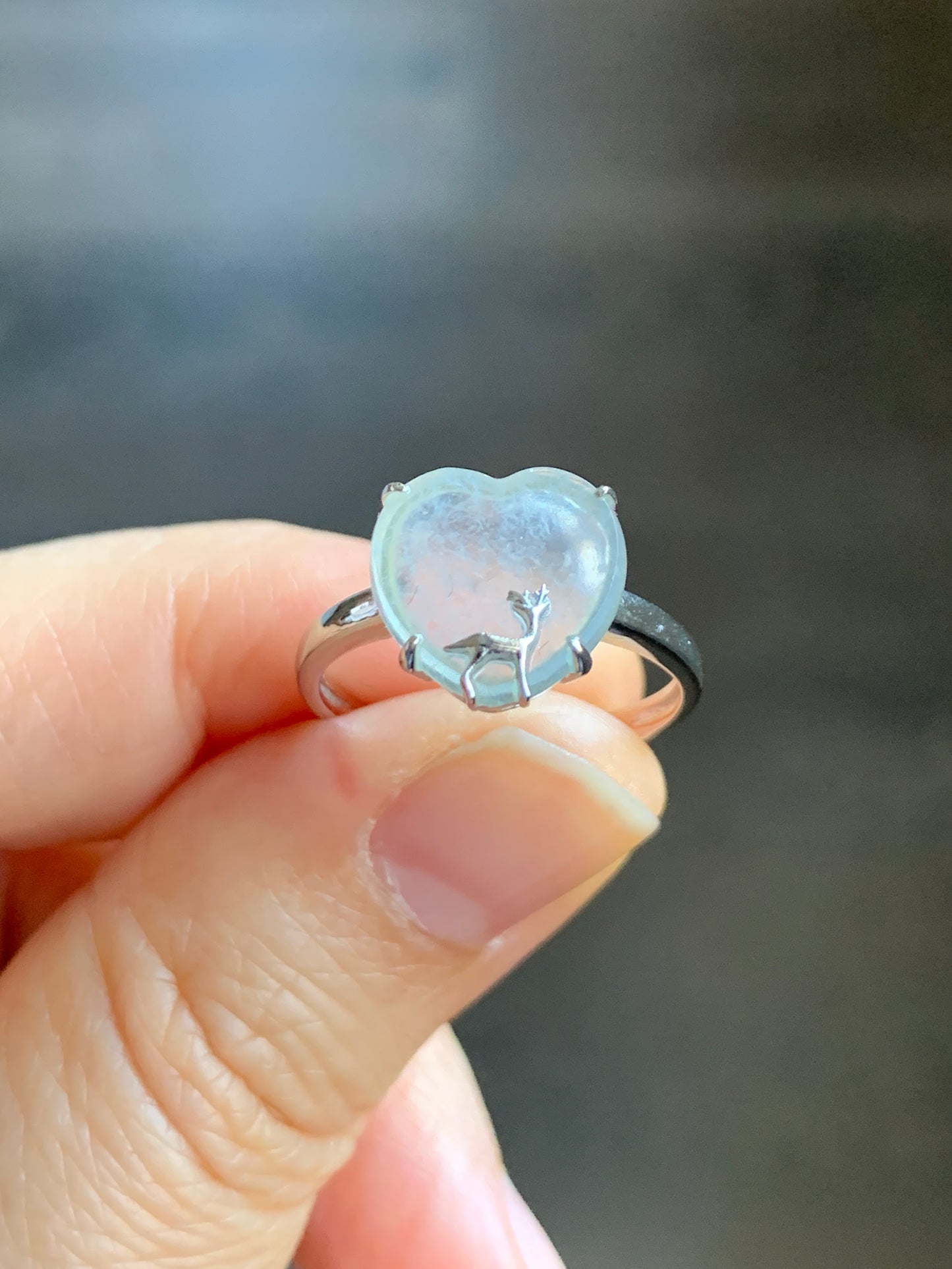 Certified Natural Grade A Premium Icy Transparent White Jadeite Heart w/ Deer Ring 18K White Gold Size 7 2.38g 天然玻璃种起钢白冰翡翠爱心小鹿镶嵌戒指 3887