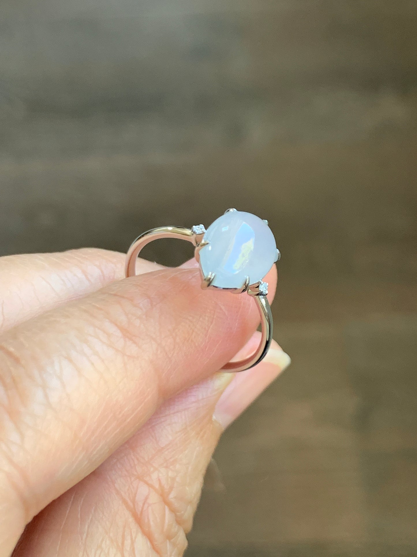 Certified Natural  Icy Translucent Gelatinous White Jadeite Teardrop Ring 18K White Gold and Diamonds size 7 天然白冰胶翡翠水滴镶嵌戒指 1690