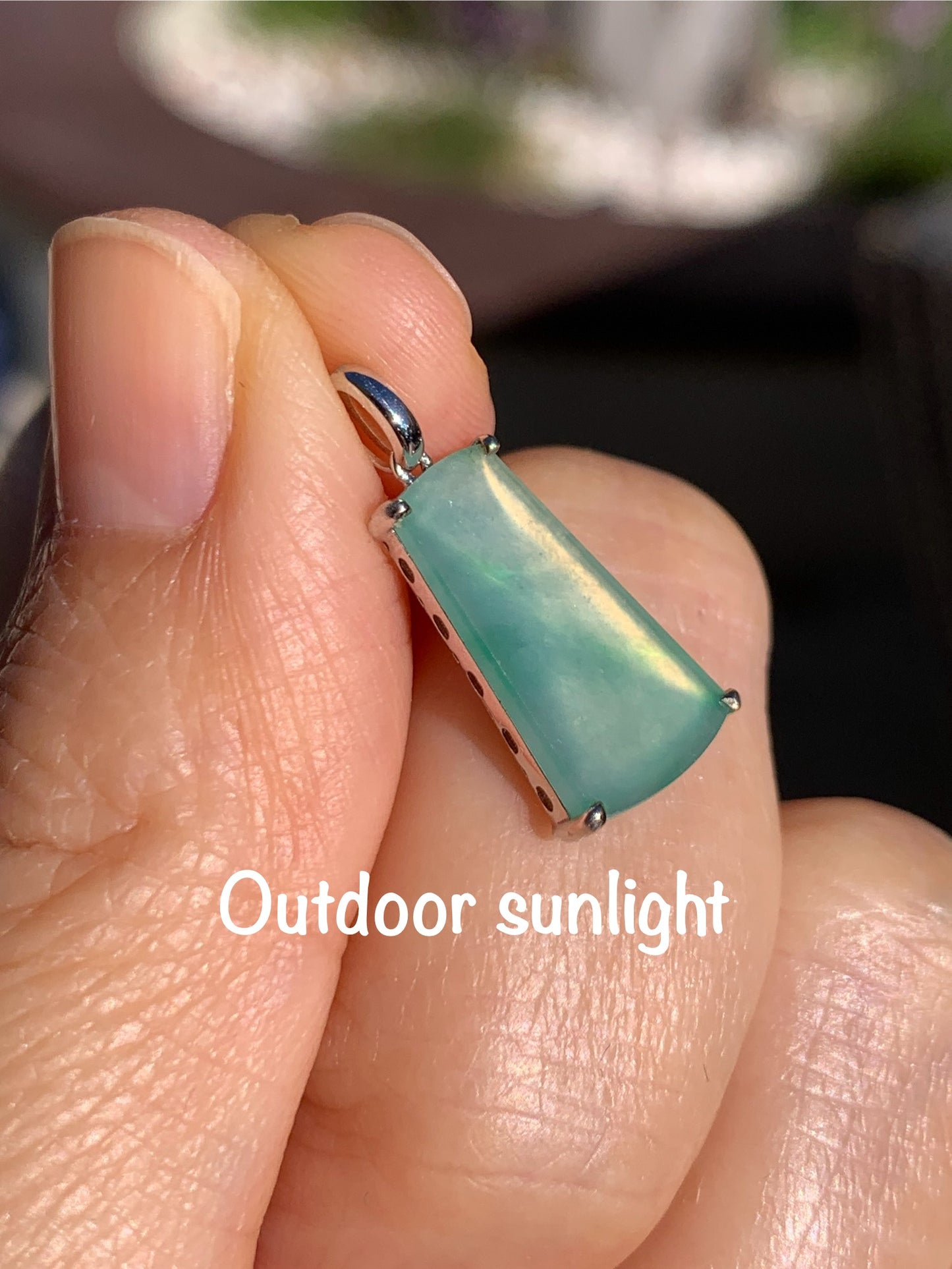 Petite Certified Natural  Icy Highly Translucent Light Green Jadeite Wu Shi Pai Amulet 18K White Gold 1.26g 天然冰果绿翡翠无事牌镶嵌吊坠 6890