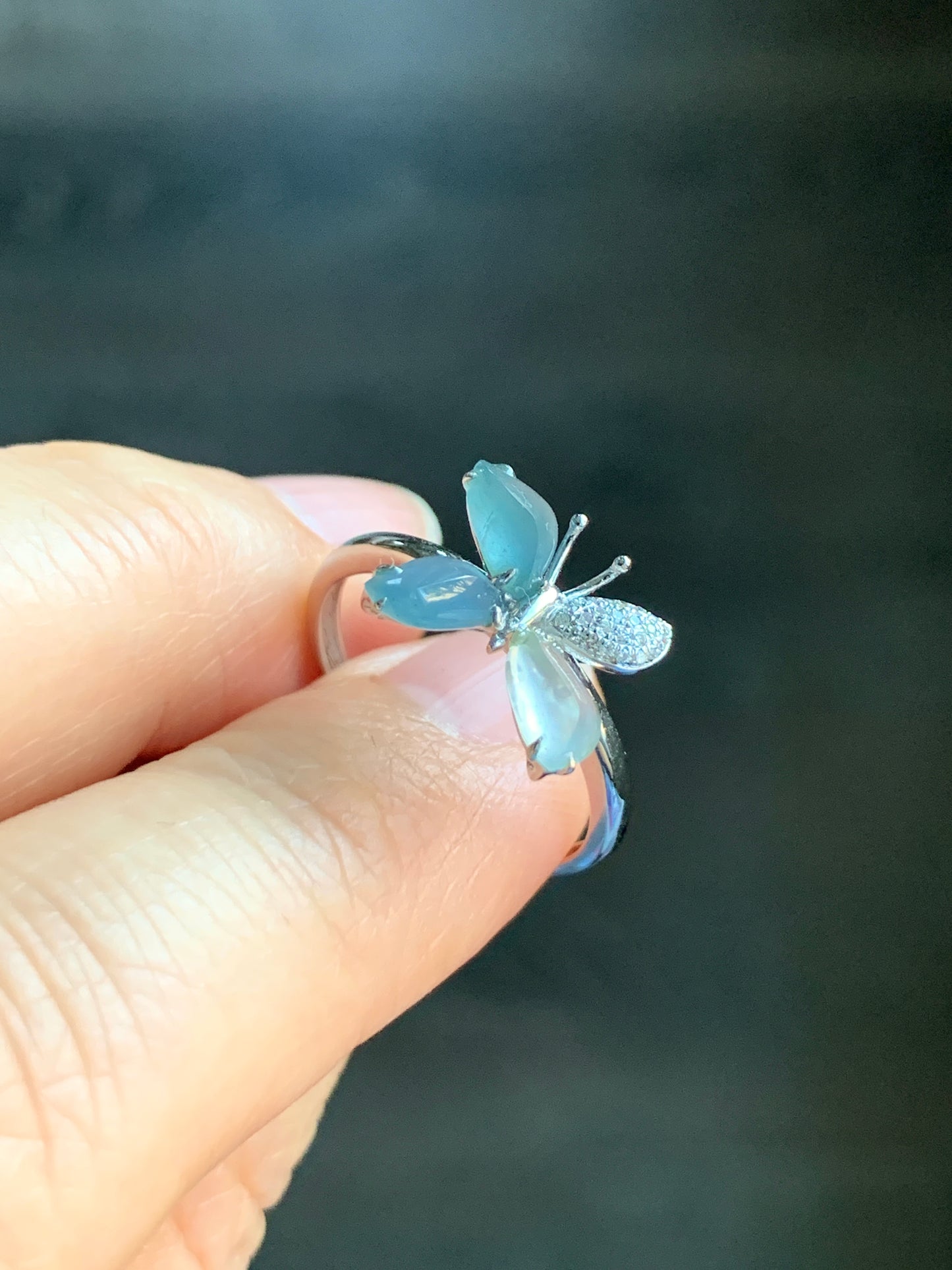 Certified Natural Grade A Guatemalan Premium Icy Blue & White Jadeite Butterfly Ring 18K White Gold Diamonds Sz 7 US 天然危蓝正冰起光翡翠蝴蝶钻石白金镶嵌戒指