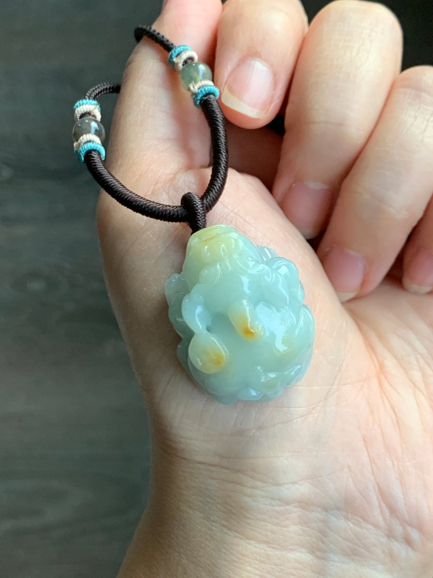 Large Natural  Jadeite Icy Translucent Light Blue Jadeite w/ Golden Yellow Marbling Pixiu Pendant Rope Necklace 天然厚装冰蓝撒金翡翠貔貅吊坠