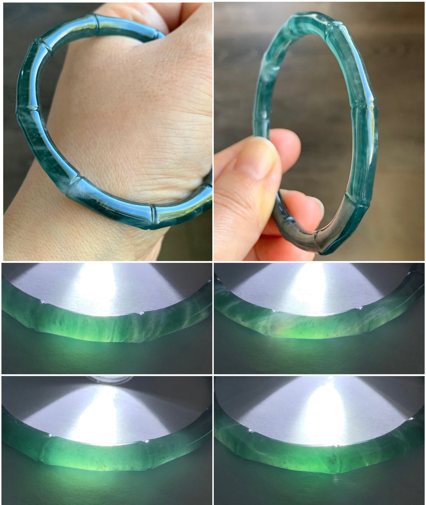 Certified Natural Grade A Icy Translucent Gelatinous Dark Teal Green Jadeite Carved Bamboo Bangle Bracelet 56.7mm 7” 19.2g 天然冰危深篮绿翡翠竹节手镯 7828