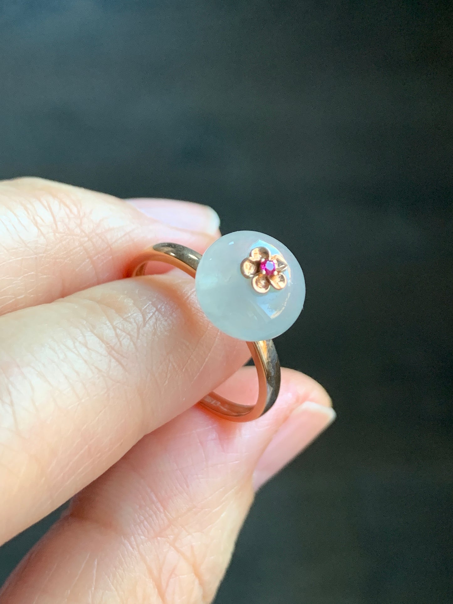 Certified Grade A Icy Highly Translucent Gelatinous White Jadeite Drum Bead Ring 18K Rose Gold & Ruby Sz 7 US 天然正白冰翡翠鼓珠红宝石K玫镶嵌戒指