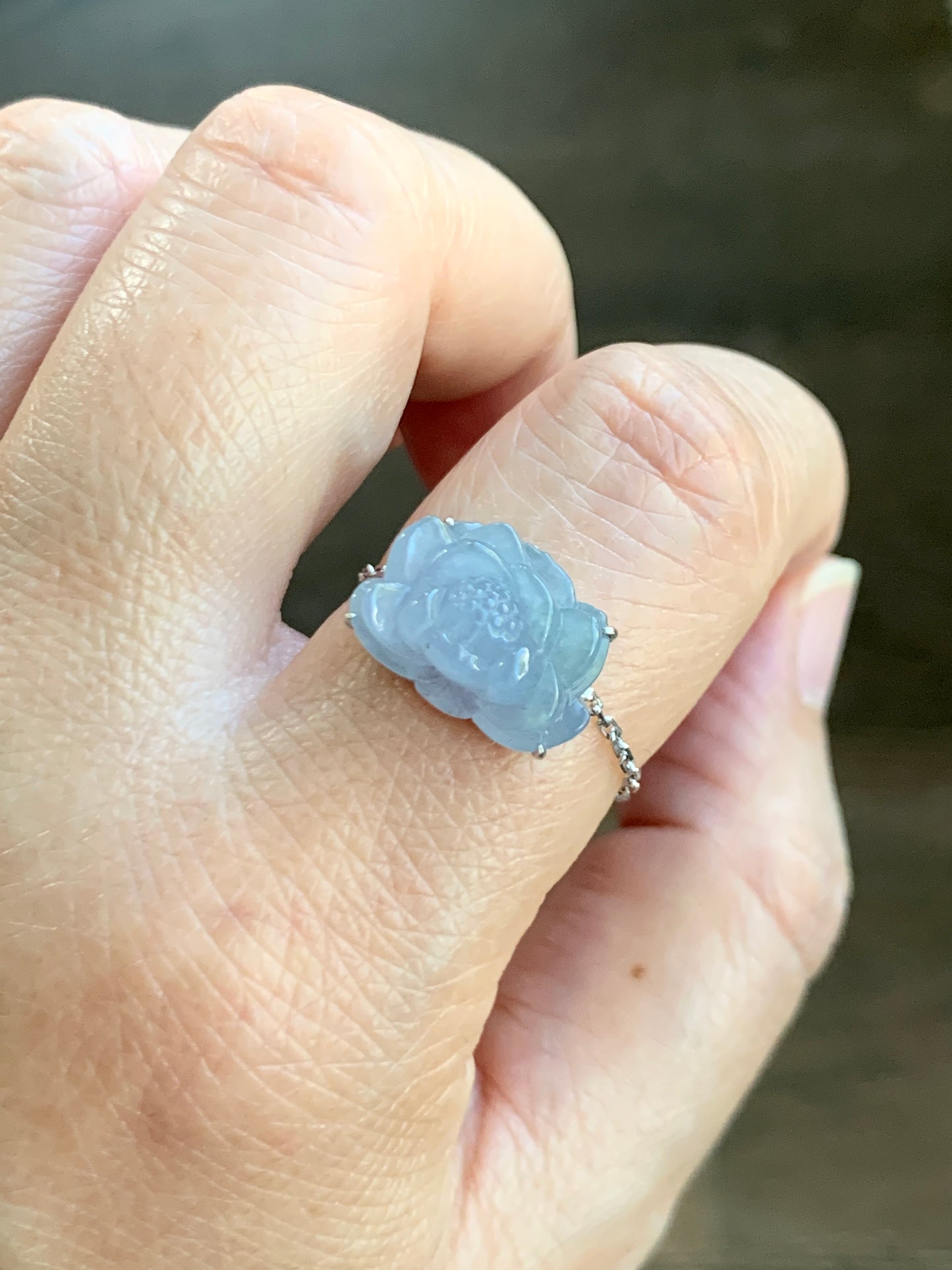 Certified Natural  Icy Translucent Light Purplish Blue Jadeite Lotus Flower Chain Ring 18K White Gold Adjustable 天然冰淡篮紫翡翠莲花镶嵌戒指 3041