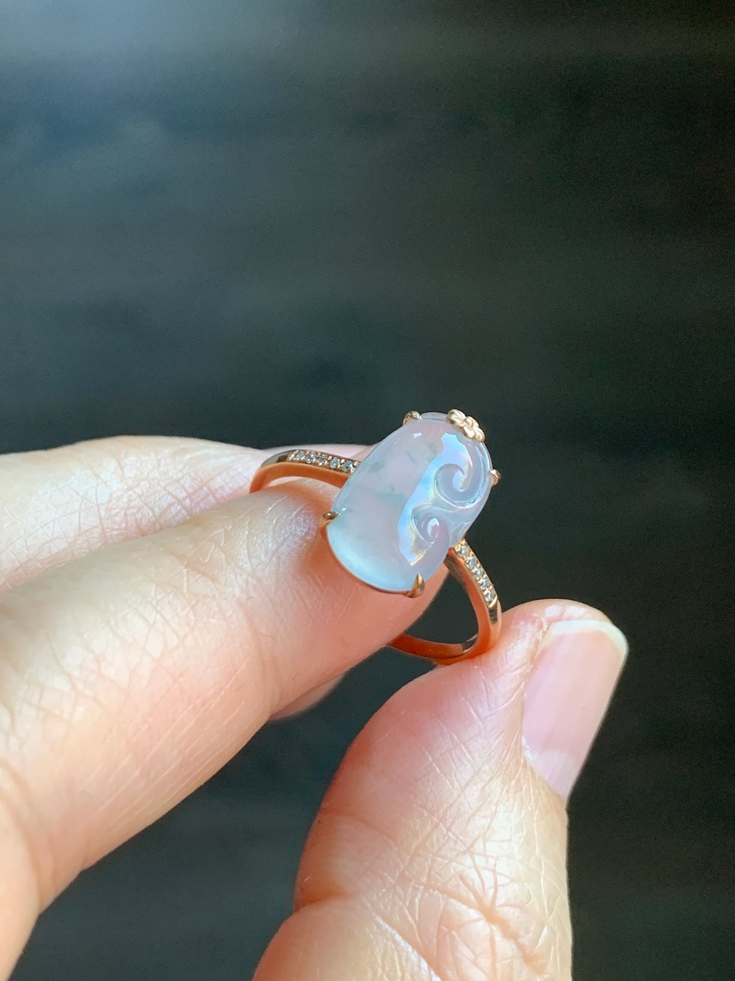Certified Natural Garde A Premium Icy Translucent Teal Green Marbled Jadeite Ruyi Ring 18K Rose Gold Diamonds Size 7 天然翡翠冰胶飘花如意钻石镶嵌戒指 560