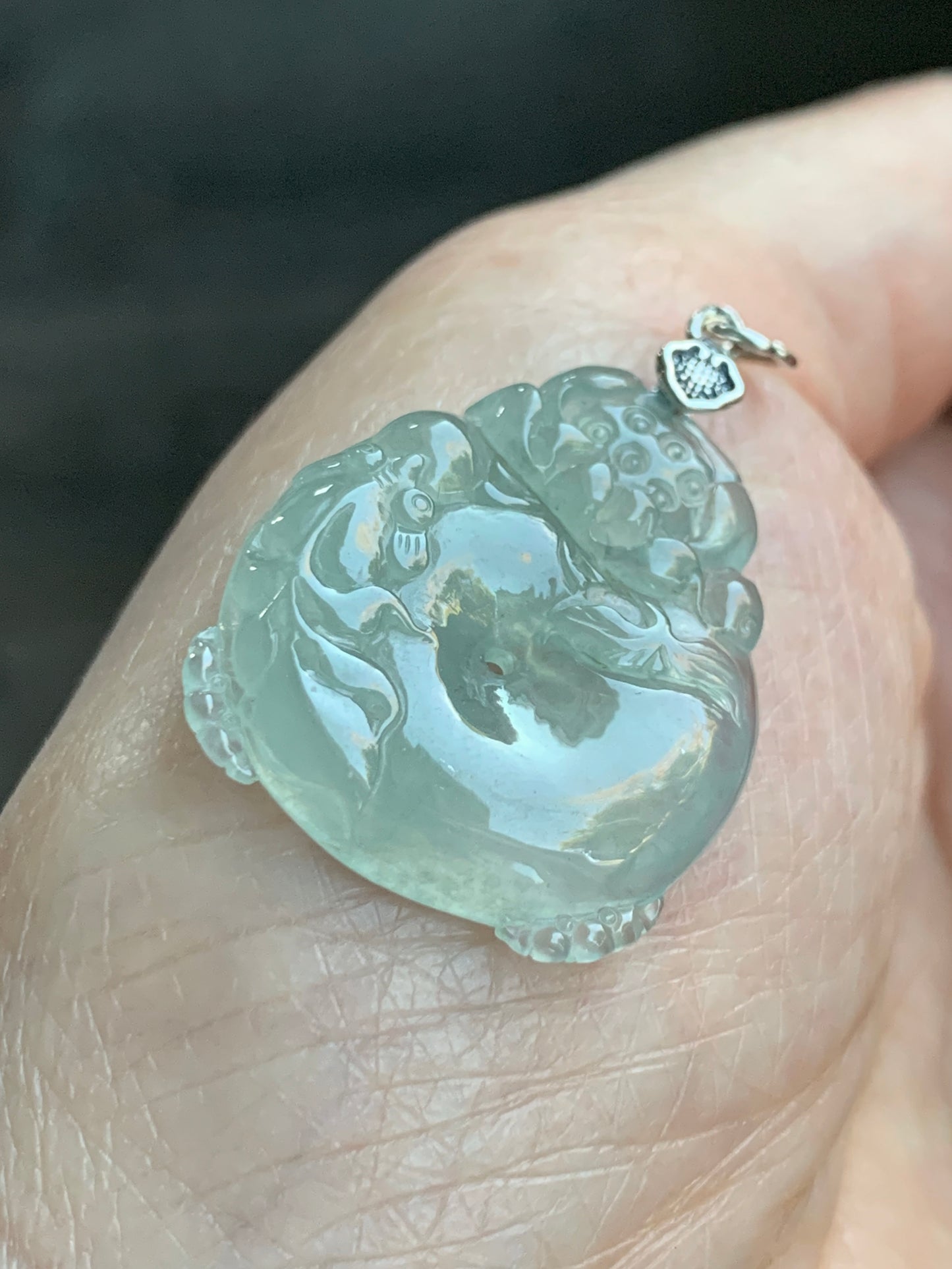 Certified Natural  Premium Icy Light Green Jadeite Lotus Flower Goldfish Ping An Kou Donut Pendant Sterling Silver 天然冰胶起光晴底翡翠莲花鱼吊坠