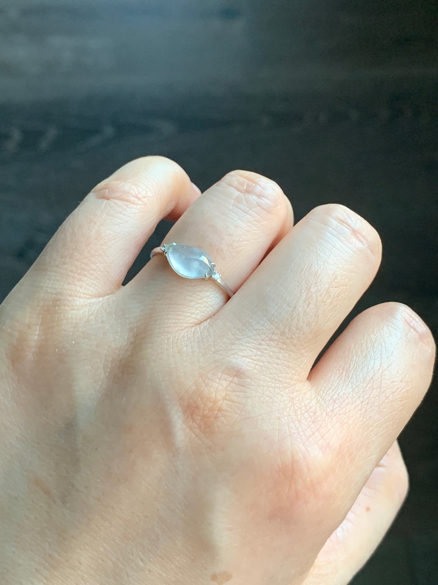 Certified Natural Grade A Premium Icy White Jadeite Horse Eye Cabochon Ring 18K White Gold Diamonds Size 7 US 1.65g 天然高冰木纳翡翠马眼镶嵌戒指 7066