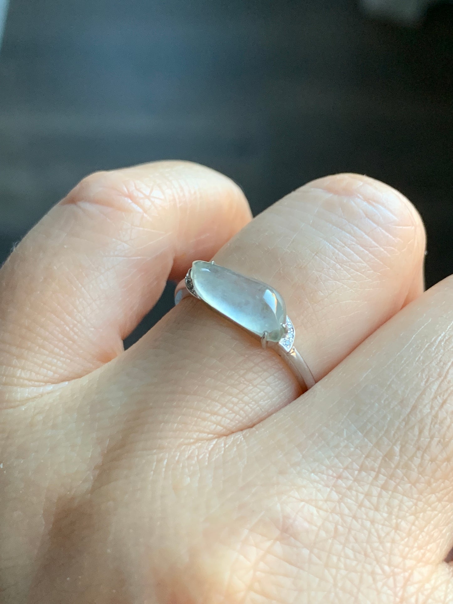 Certified Natural Grade A Icy Highly Translucent White Jadeite Horse Eye Cabochon Ring 18K White Gold Diamonds Size 7 天然起光白冰胶翡翠马眼随形镶嵌戒指 3889