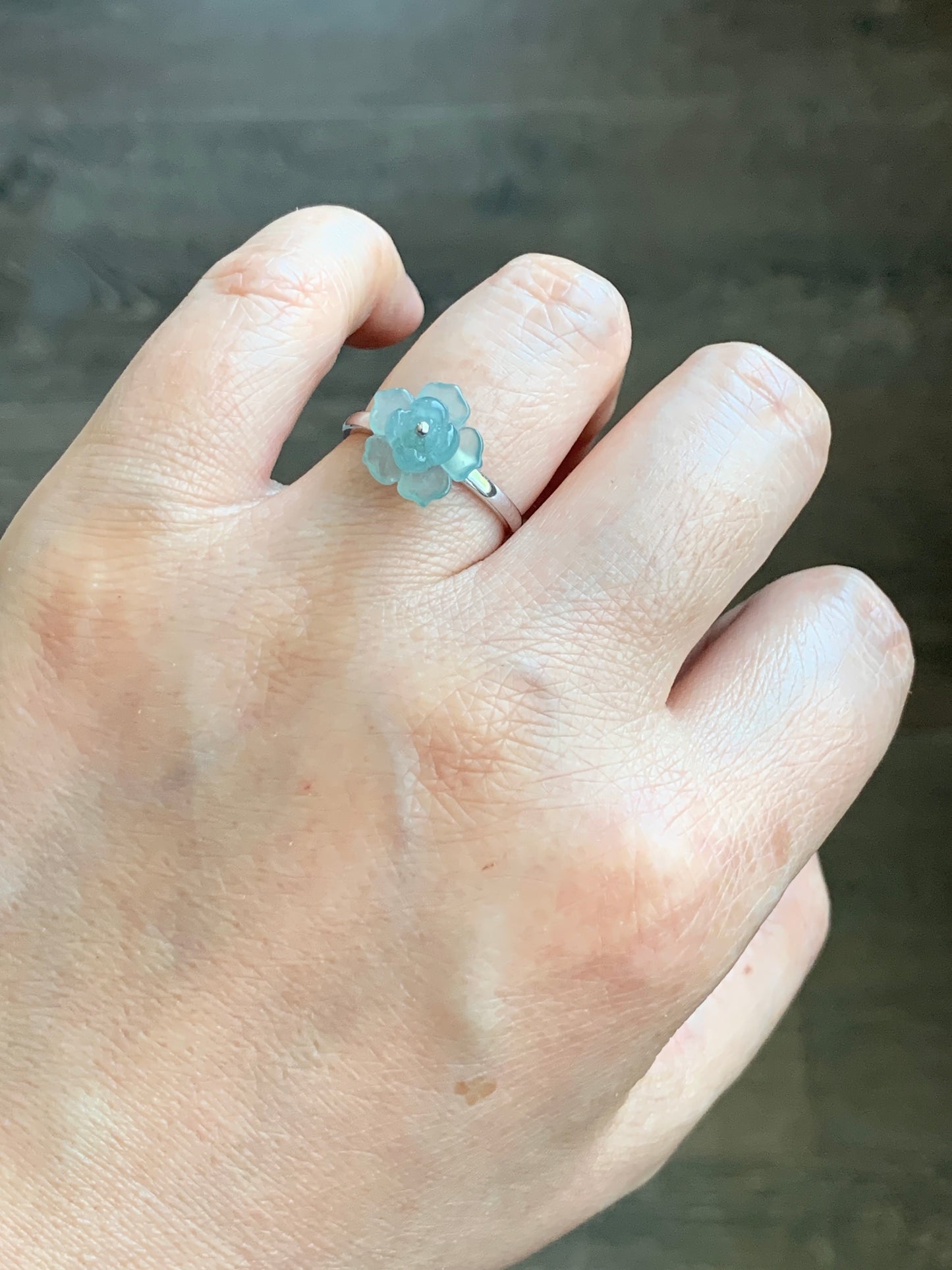 Certified Natural Guatemalan Icy Highly Translucent Light Blue Jade Jadeite Lotus Flower Ring 18K White Gold sz 7.25 2g 天然高冰危浅蓝翡翠莲花镶嵌戒指 3839