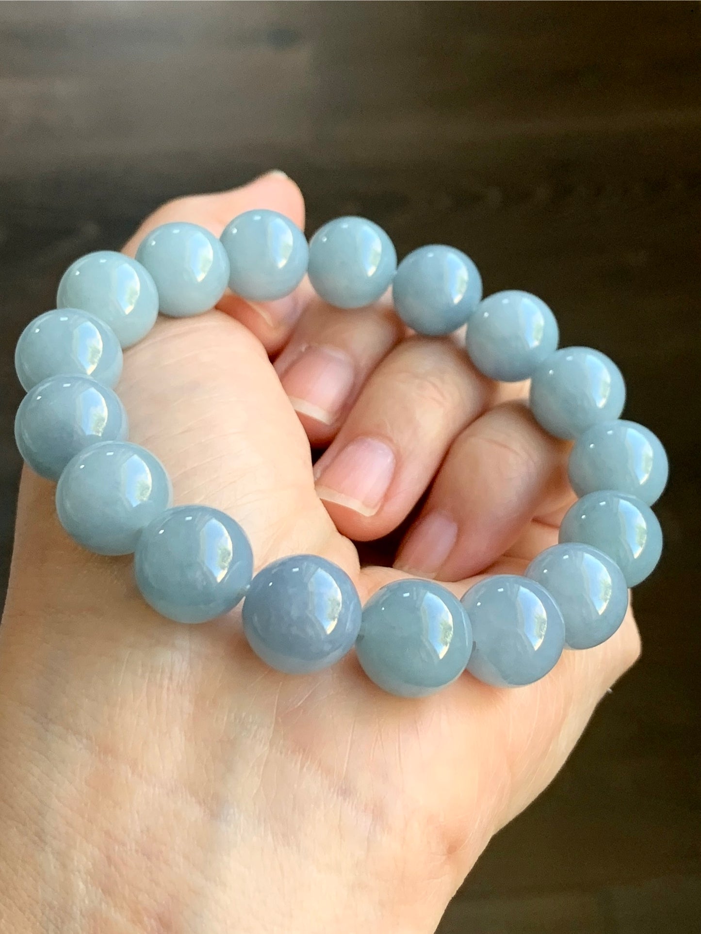 Certified Natural Grade A Icy Translucent Dusty Light Blue Jadeite Large Beaded Bracelet 12.3mm 7.75” 54g 7851