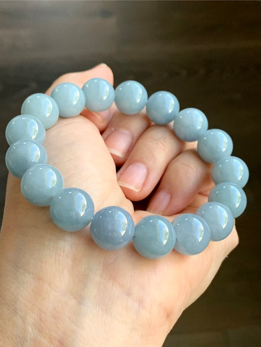 Certified Natural Grade A Icy Translucent Dusty Light Blue Jadeite Large Beaded Bracelet 12.3mm 7.75” 54g 7851