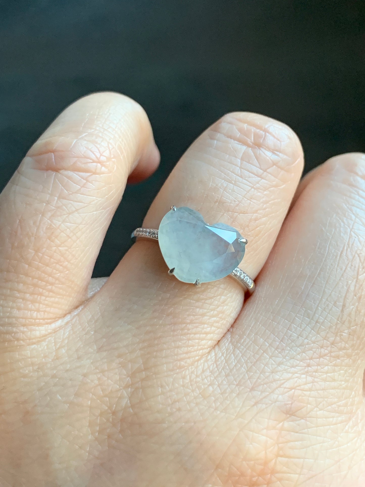 Certified Natural Grade A Premium Icy White Jadeite Diamond Faceted Heart Ring Natural Diamonds 18K White Gold Sz 7 天然正冰白水翡翠切割面爱心钻石镶嵌戒指 5665