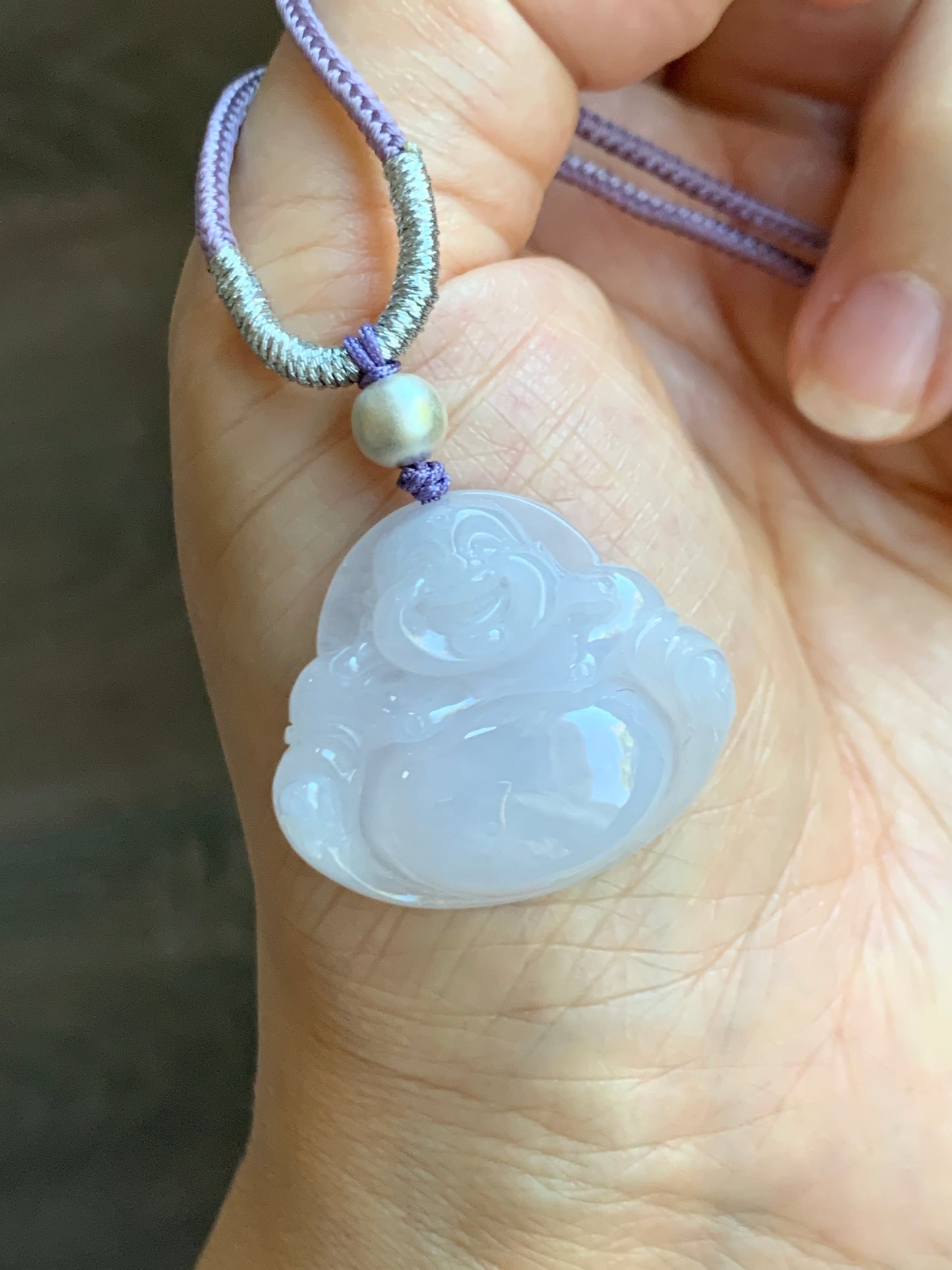 Certified Natural  Icy Translucent Pale Purple Jadeite Buddha Pendant Rope Necklace Sterling Silver 26” 天然冰淡紫底翡翠佛公吊坠 7077