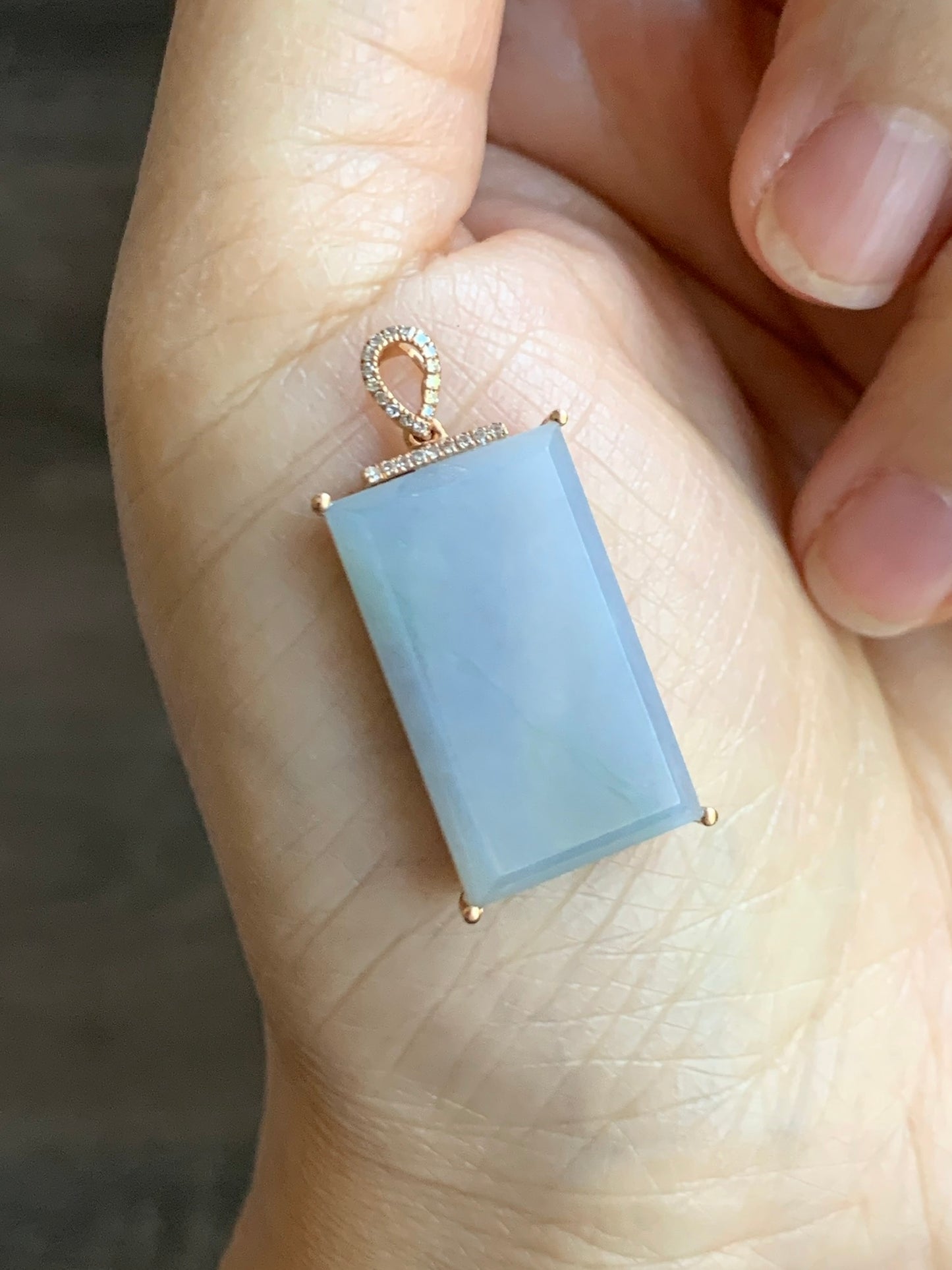 Certified Natural Grade A Pastel Purple Green Marbled Jade Jadeite Wu Shi Pai Pendant 18K Rose Gold Diamonds 5.5g 天然翡翠冰紫飘绿花钻石无事牌镶嵌吊坠 3157