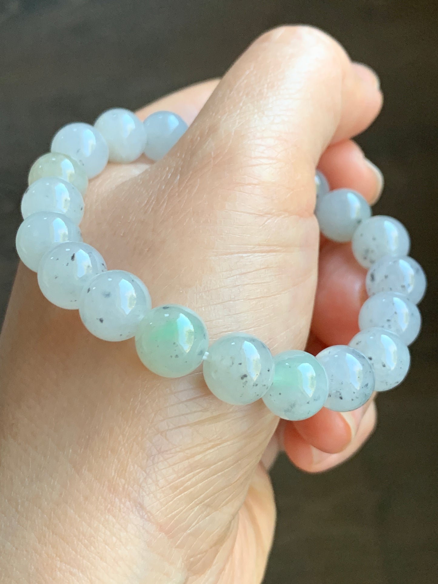 Large  Natural Premium Icy Translucent Gelatinous White Wuji Jadeite Beaded Bracelet 9.7mm 7.25” 天然大卡冰胶白乌鸡翡翠手串 DBWJ-RJ