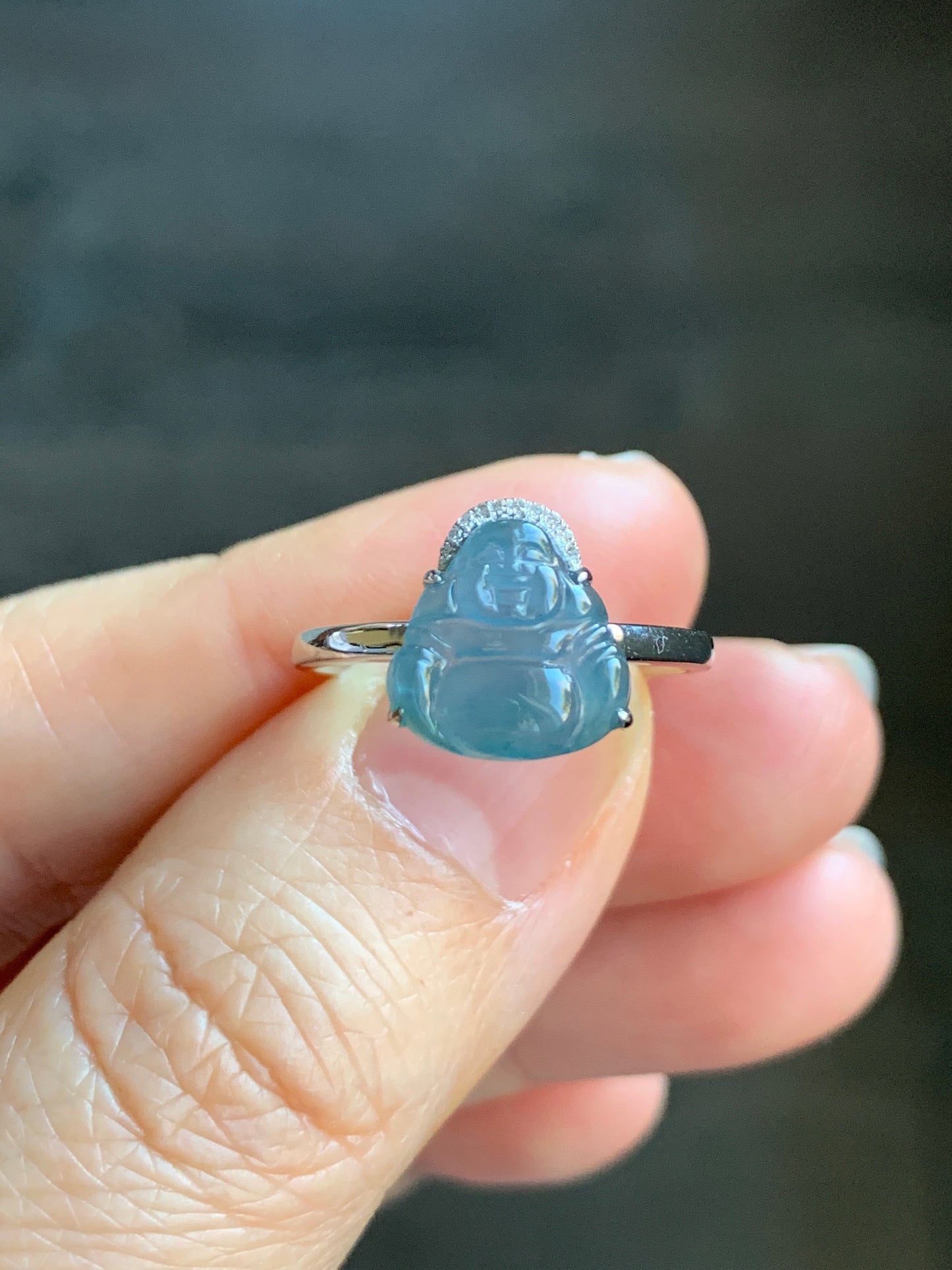 Certified Natural Guatemalan Highly Translucent Blue Jadeite Buddha & Diamond Ring 18K White Gold Size 7 天然高冰危蓝水翡翠佛公钻石镶嵌戒指