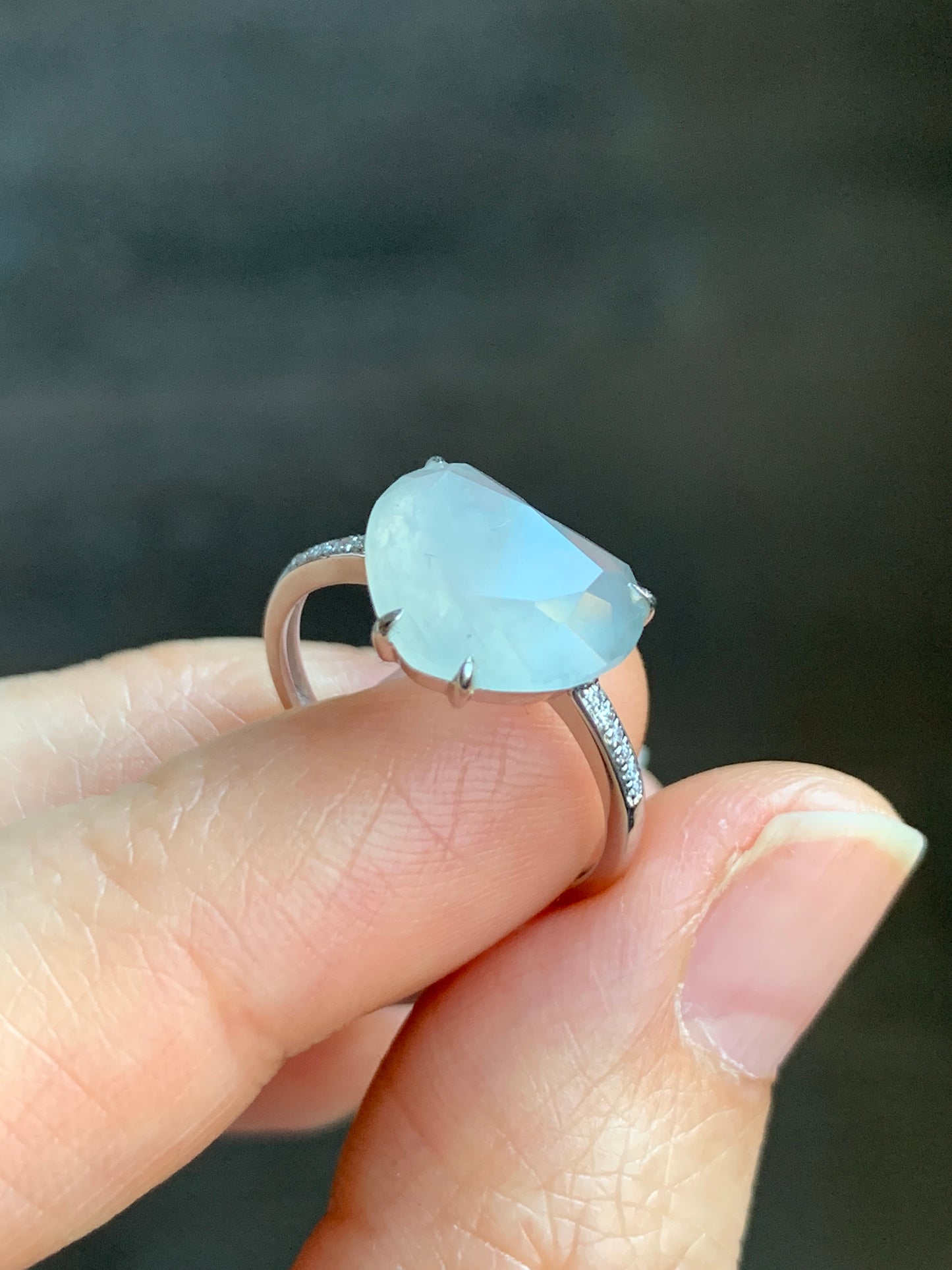 Certified Natural Grade A Premium Icy White Jadeite Diamond Faceted Heart Ring Natural Diamonds 18K White Gold Sz 7 天然正冰白水翡翠切割面爱心钻石镶嵌戒指 5665