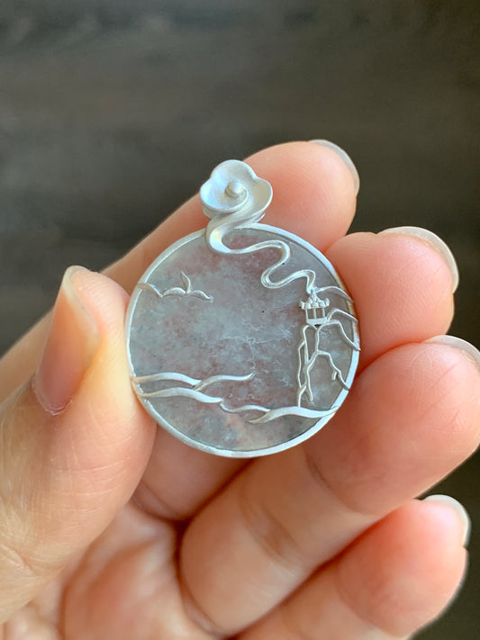 Certified Natural  Moxisha Icy Highly Translucent Wuji Jadeite Round Pendant Wu Shi Pai Sterling Silver 天然莫西沙冰乌鸡翡翠无事牌镶嵌吊坠 1657