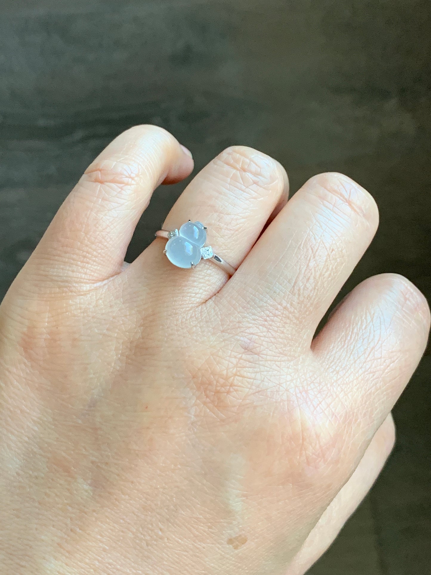 Certified Natural  Premium Highly Translucent Jadeite Hulu Gourd Ring 18K White Gold & Diamonds Sz 7 天然正冰起光起钢白冰葫芦钻石镶嵌戒指