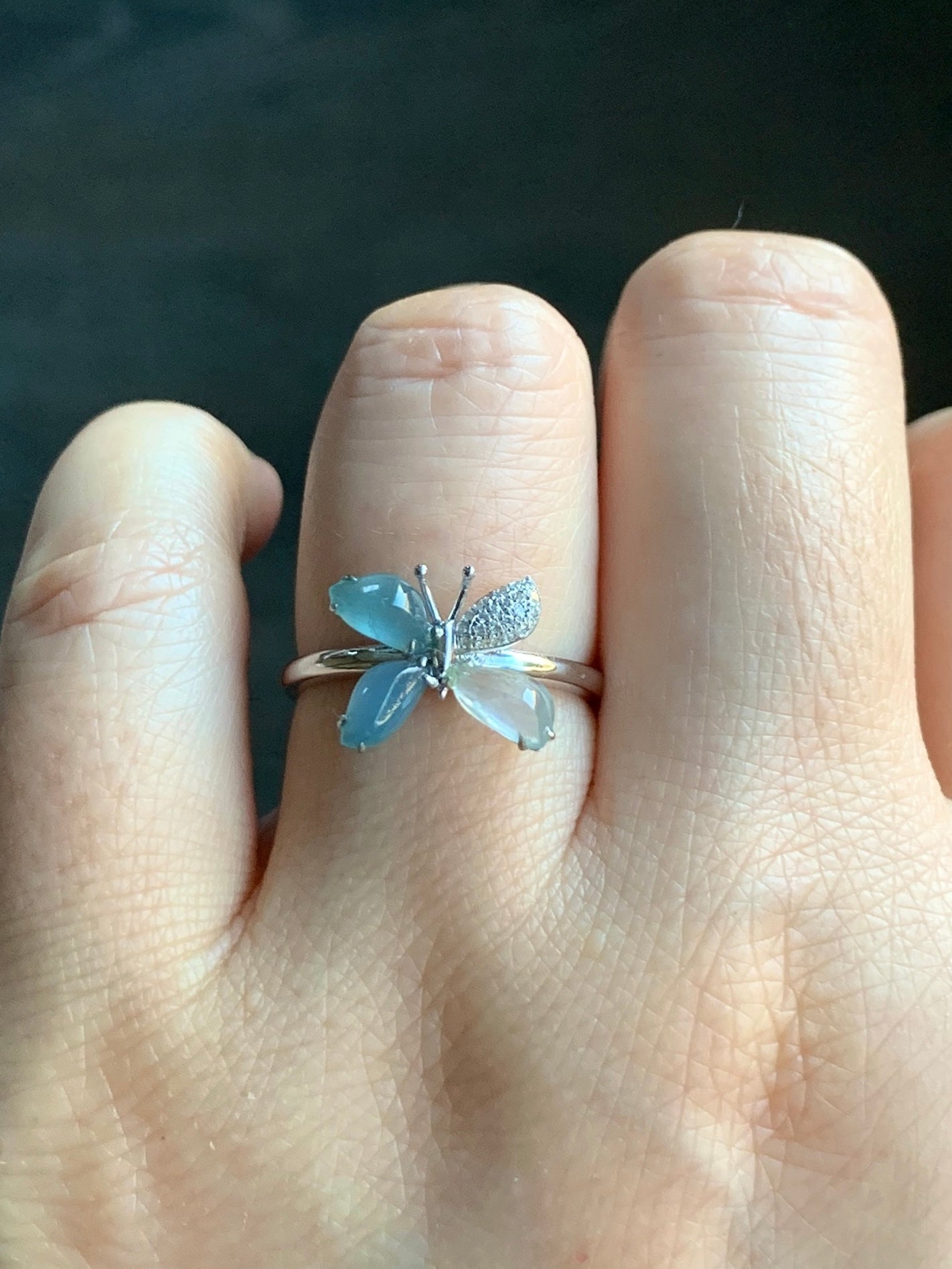 Certified Natural Grade A Guatemalan Premium Icy Blue & White Jadeite Butterfly Ring 18K White Gold Diamonds Sz 7 US 天然危蓝正冰起光翡翠蝴蝶钻石白金镶嵌戒指