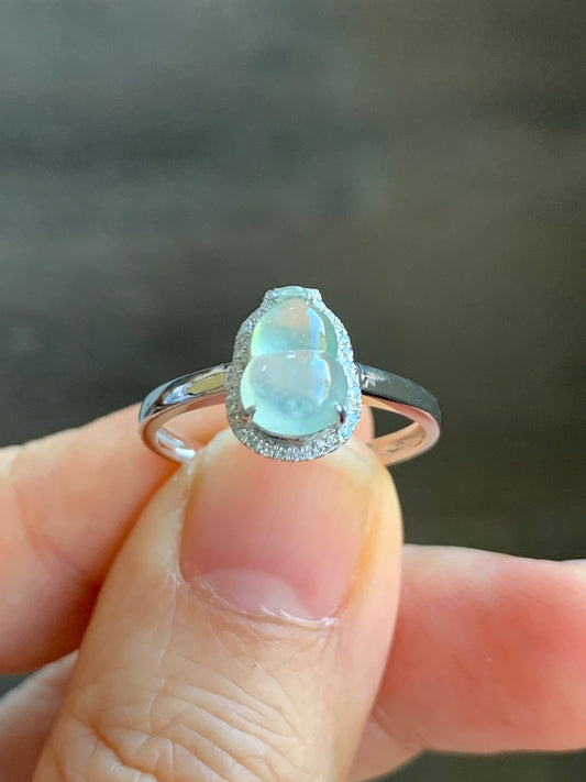Certified Natural  Premium Highly Translucent Jadeite Hulu Gourd Ring 18K White Gold & Diamonds Sz 7 天然正冰起光起钢白冰葫芦钻石镶嵌戒指