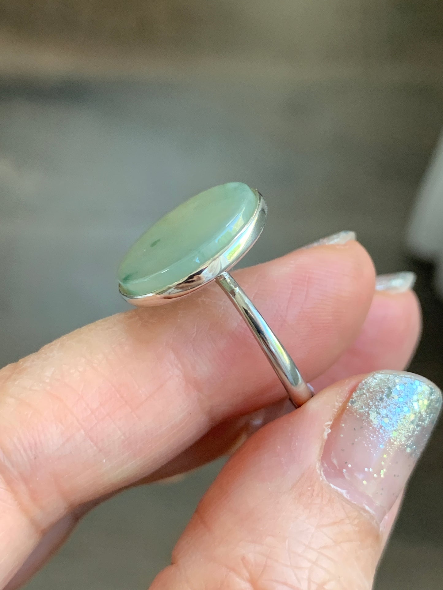 Natural Grade A Icy Translucent Gelatinous Dusty Green w/ Green Marbling Jade Jadeite Disc Ring S925 Silver Size Adjustable 天然晴绿飘花翡翠无事牌银镶戒指 WSP