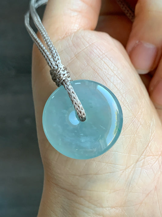 Certified Natural Icy Highly Translucent Premium Light Blue Jadeite Ping An Kou Donut Pendant Rope Necklace Adjustable 24” 天然冰危淡蓝起胶起光翡翠平安扣吊坠 7832
