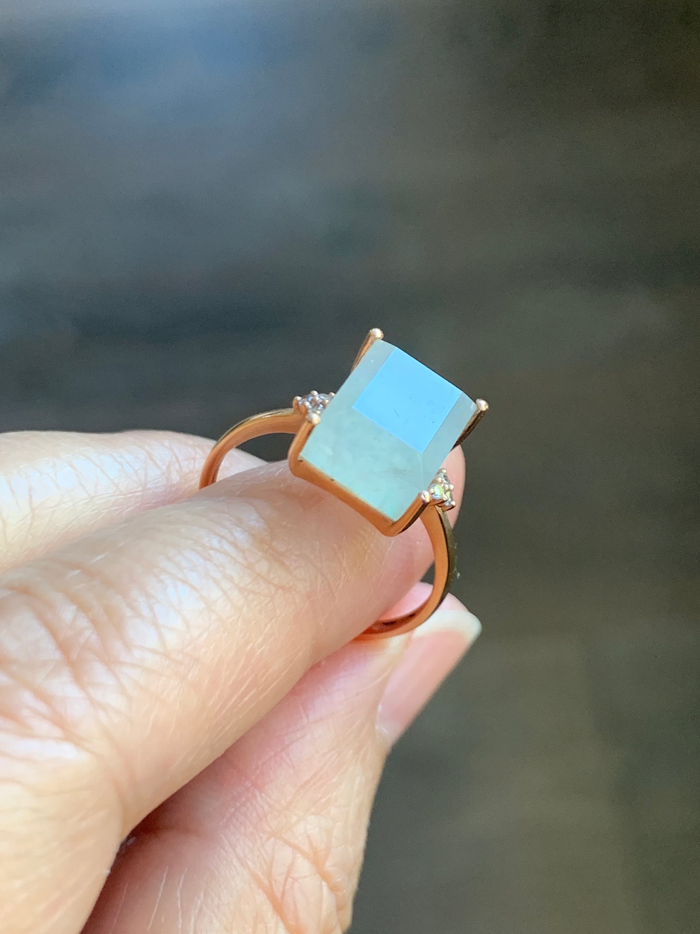 Certified Natural Grade A Icy Highly Translucent Pastel Green Emerald Cut Jadeite Ring 18K Rose Gold Diamonds Size 7 天然正冰晴底雪花棉翡翠切割面钻石镶嵌戒指