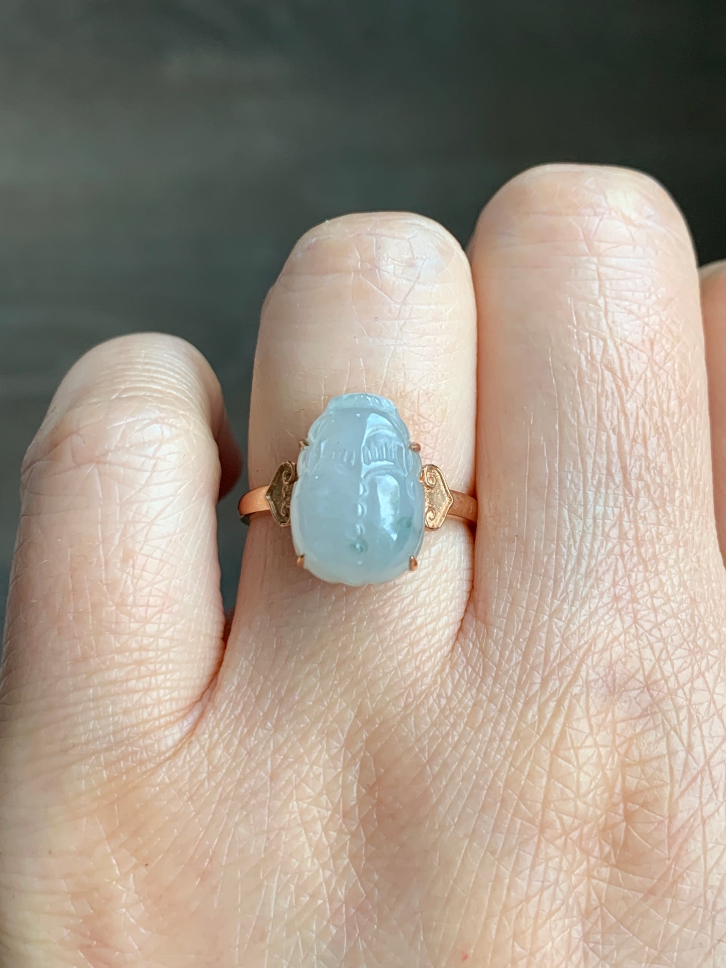 Certified Natural Grade A Icy Translucent Gelatinous Green Marbled Jadeite Pixiu Ring Size 7 18K Rose Gold  3.74g 天然冰淡晴底飘花翡翠貔貅镶嵌戒指 7065