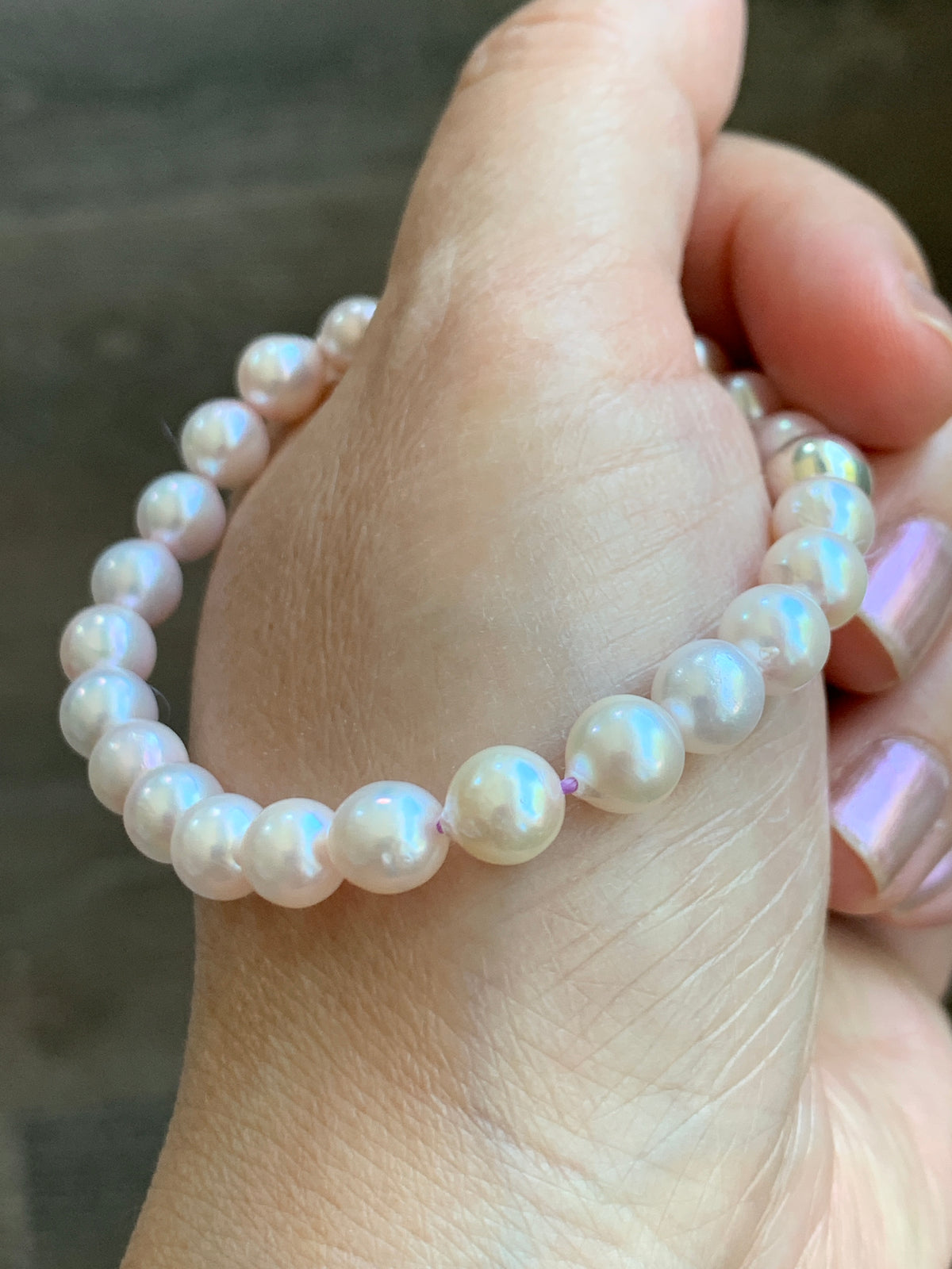 Natural Saltwater Akoya Peachy Blush Pearls and 925 Sterling Silver Ball Beaded Bracelet Stretchy 7” 天然淡粉海水珍珠纯银珠手串