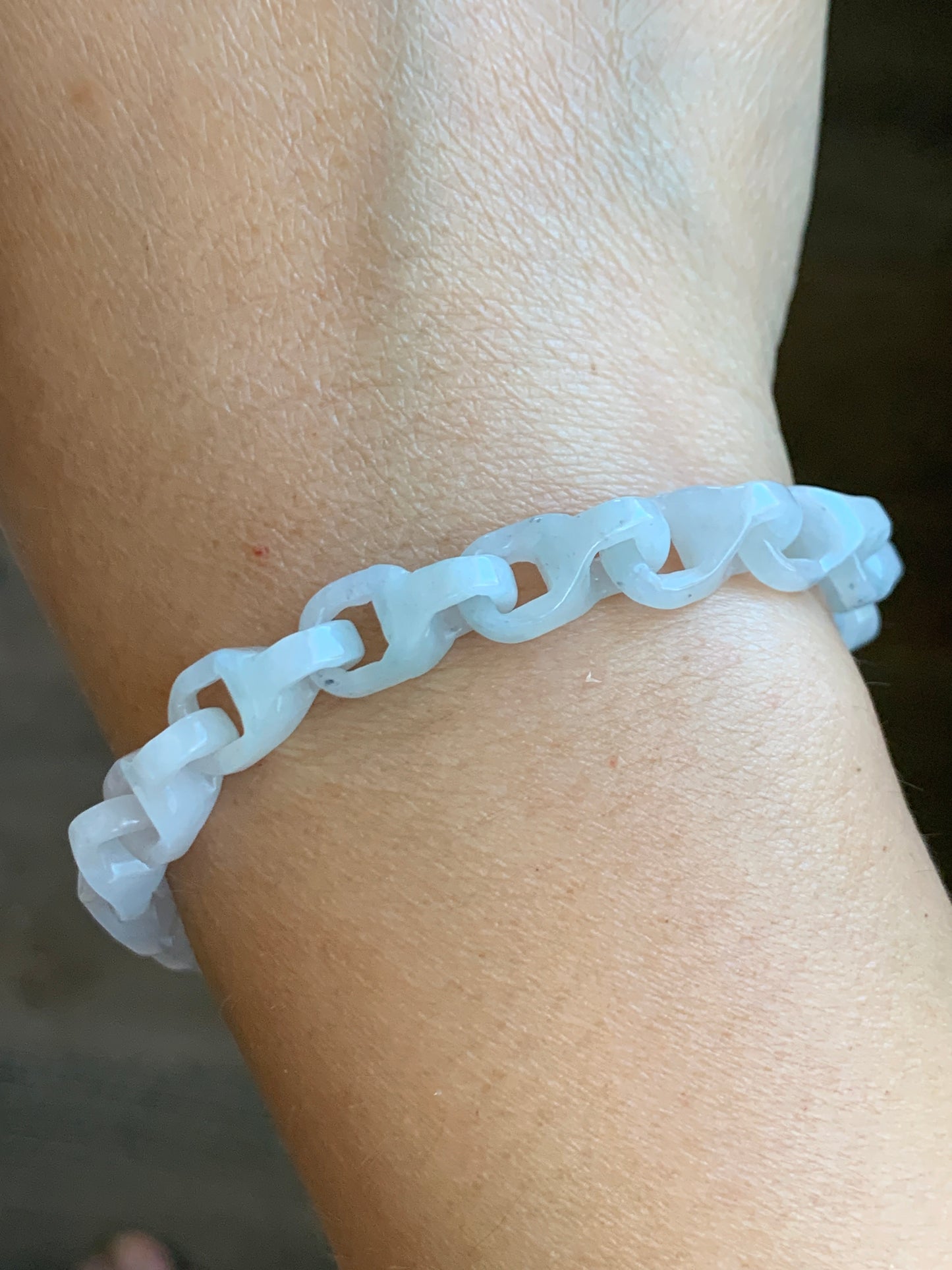 Natural Grade A Icy Translucent White Jade Jadeite Carved Interlocking Dragon Bone Chain Bracelet Sterling Silver Adjustable