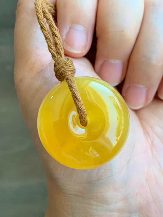 Natural Genuine Beewax Amber Large Ping An Kou Donut Rope Necklace 13g 25” Adjustable HPK550 天然蜜蜡平安扣吊坠怪件