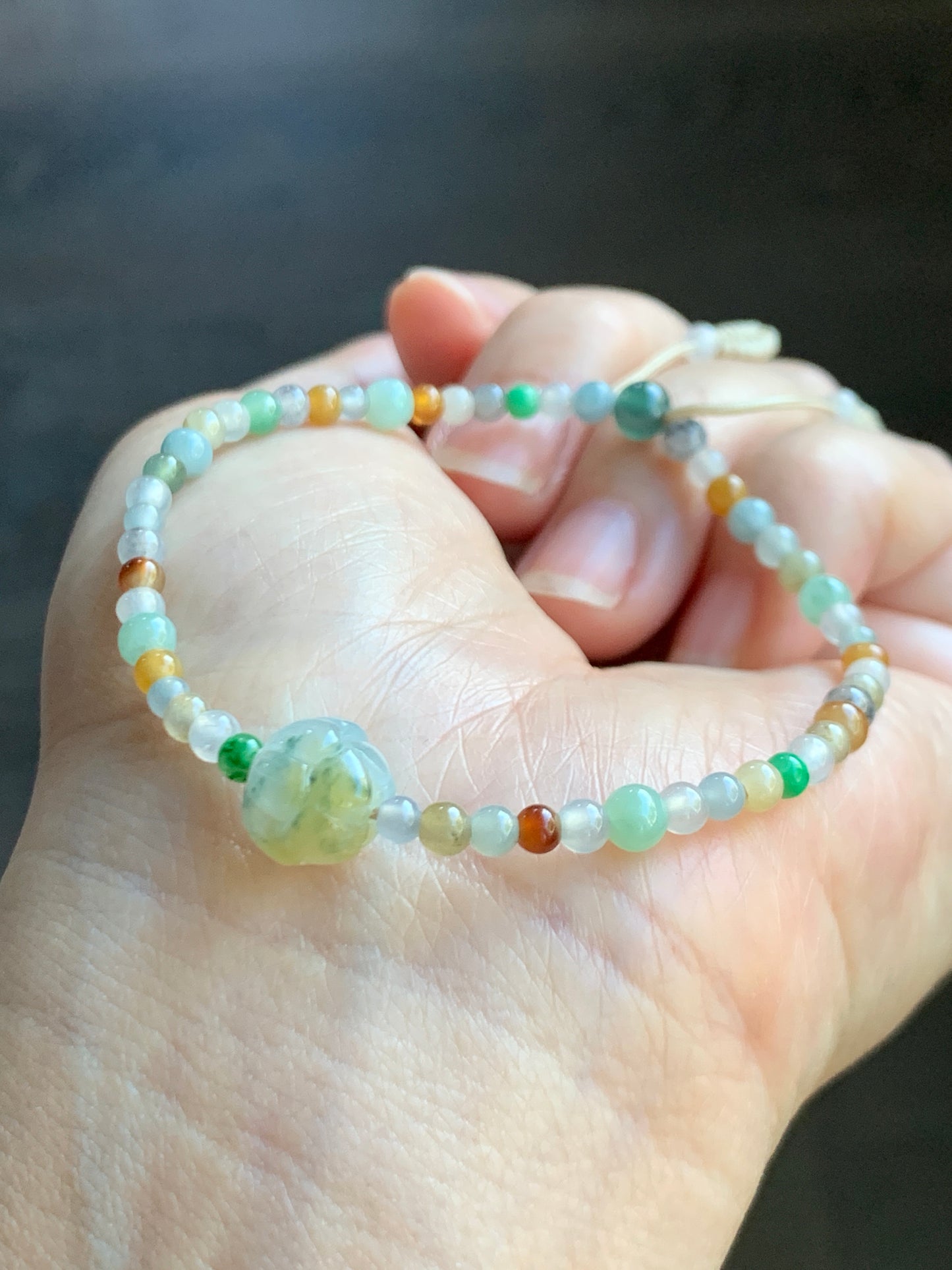 Natural  Icy Translucent Multicolored Jadeite Petite Beads Carved Lotus Flower Bead Beaded Bracelet 6.75”-8.75” 天然冰透多宝翡翠小珠三色莲花珠手串