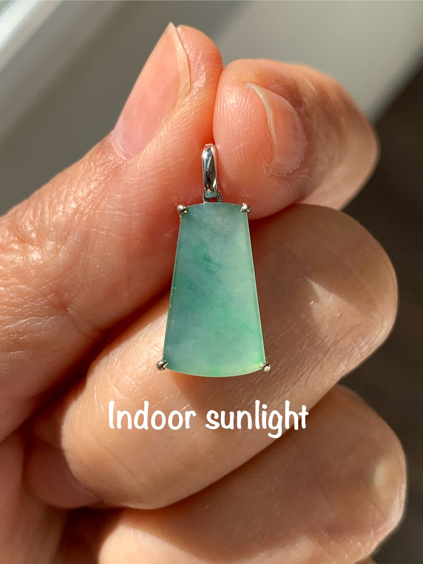Petite Certified Natural  Icy Highly Translucent Light Green Jadeite Wu Shi Pai Amulet 18K White Gold 1.26g 天然冰果绿翡翠无事牌镶嵌吊坠 6890
