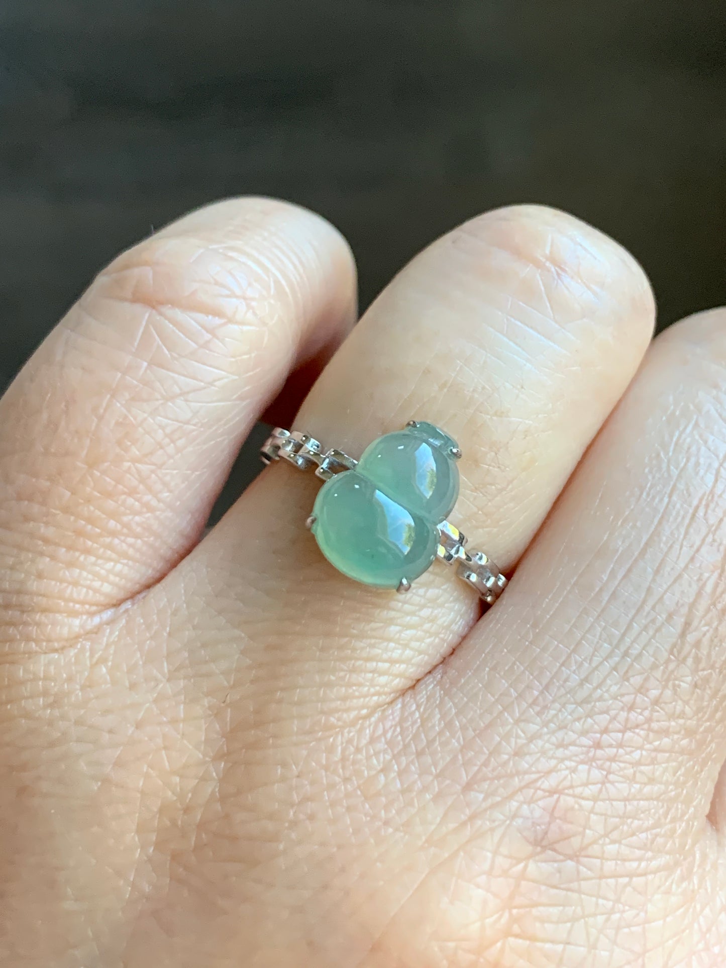 Certified Natural Grade A  Premium Icy Highly Translucent Light Green Jadeite Hulu Gourd Ring Buckle Link 18K White Gold Sz 7 天然正冰起光晴色翡翠葫芦镶嵌戒指