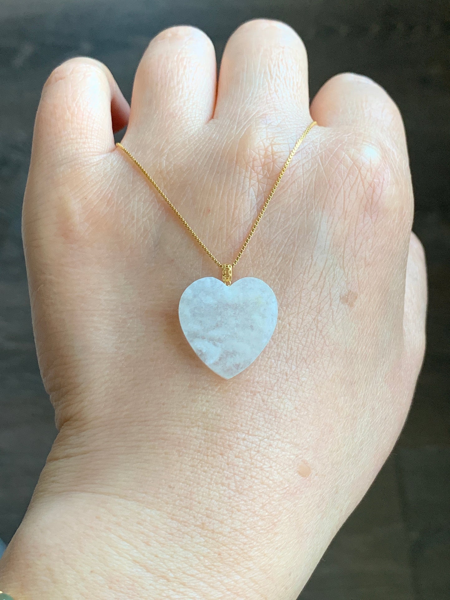 Natural  Highly Translucent Icy Jadeite w/ White Marbling Heart Pendant 18K Yellow Gold Bail 17” Cord 天然白冰莫西沙翡翠爱心镶嵌吊坠 Style 2