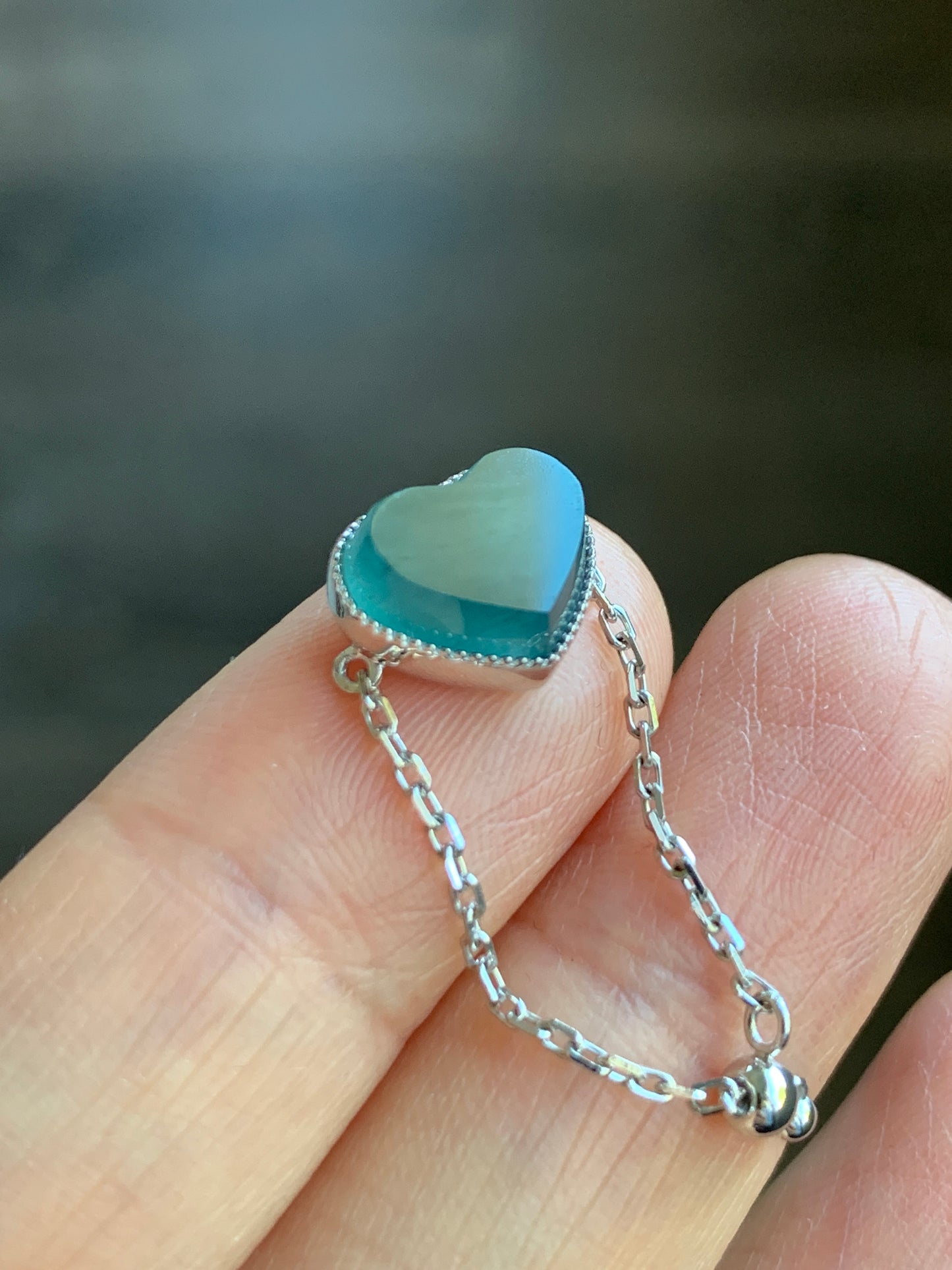 Certified Natural Grade A Icy Translucent Teal Blue Jadeite Faceted Heart Chain Ring 18K White Gold Adjustable 天然冰湖水蓝翡翠爱心镶嵌链戒