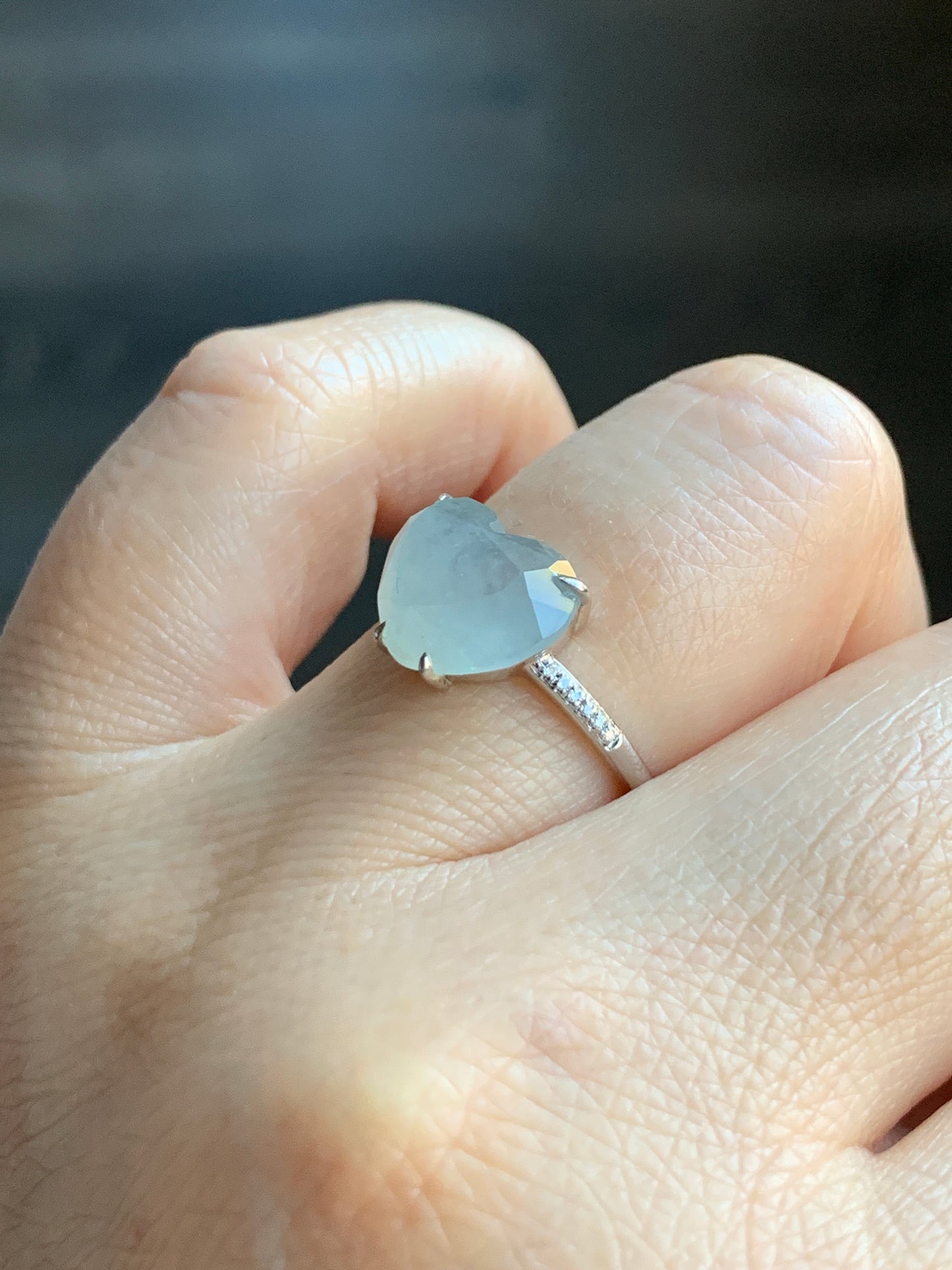 Certified Natural Grade A Premium Icy White Jadeite Diamond Faceted Heart Ring Natural Diamonds 18K White Gold Sz 7 天然正冰白水翡翠切割面爱心钻石镶嵌戒指 5665
