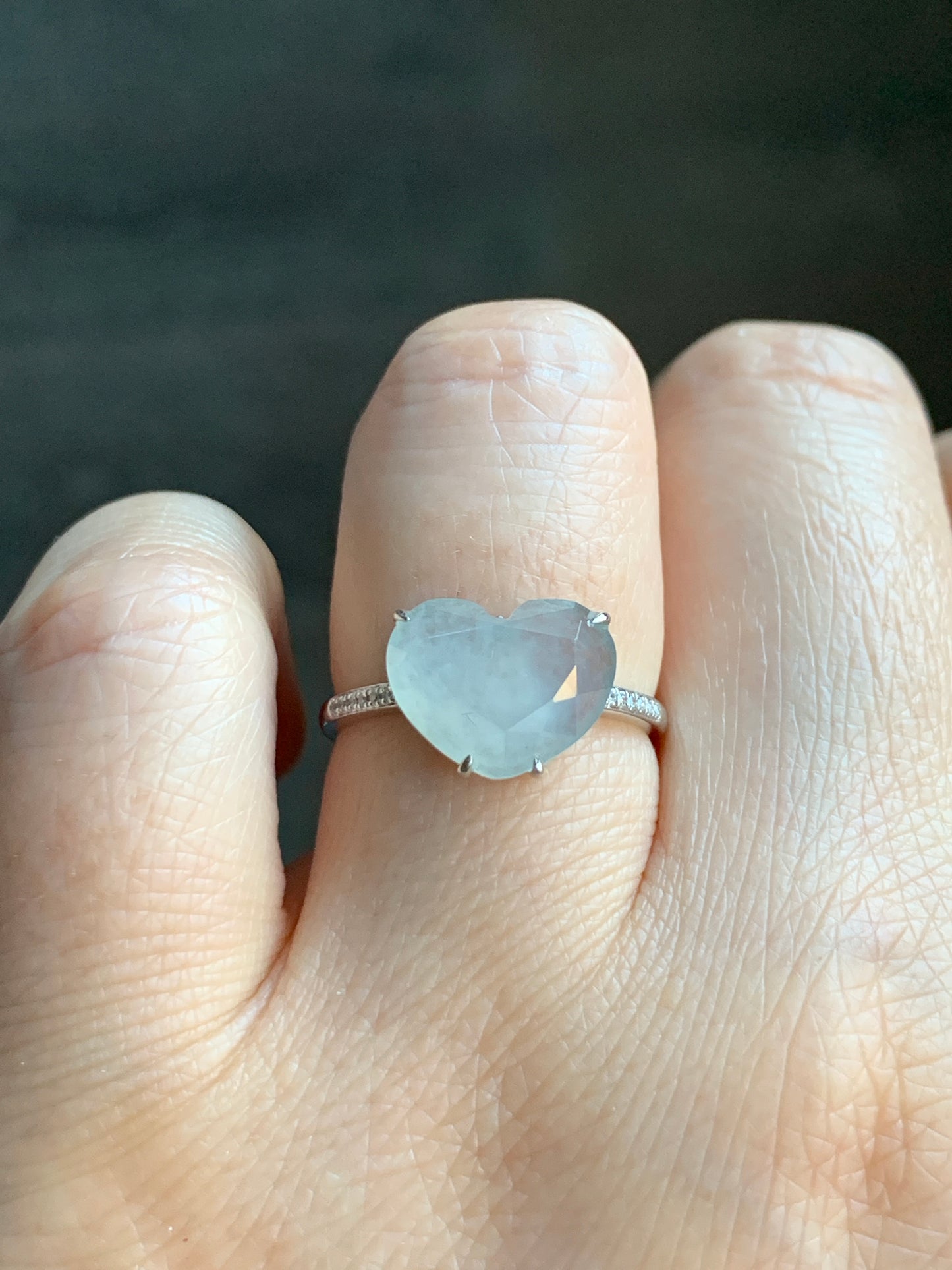 Certified Natural Grade A Premium Icy White Jadeite Diamond Faceted Heart Ring Natural Diamonds 18K White Gold Sz 7 天然正冰白水翡翠切割面爱心钻石镶嵌戒指 5665