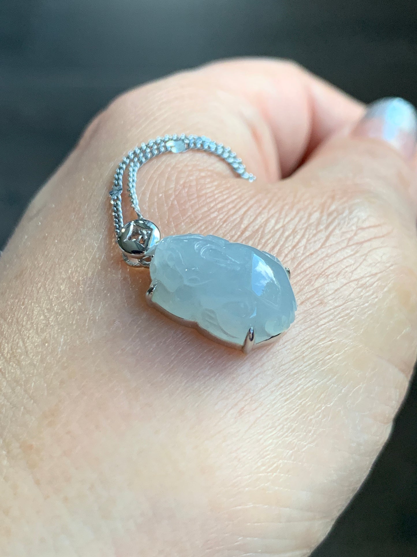 Certified Natural Grade A Icy Translucent Gelatinous Pastel Dusty Blue Jadeite Carved Petite Pixiu Pendant 18K White Gold 天然冰胶淡蓝翡翠貔貅镶嵌吊坠2296