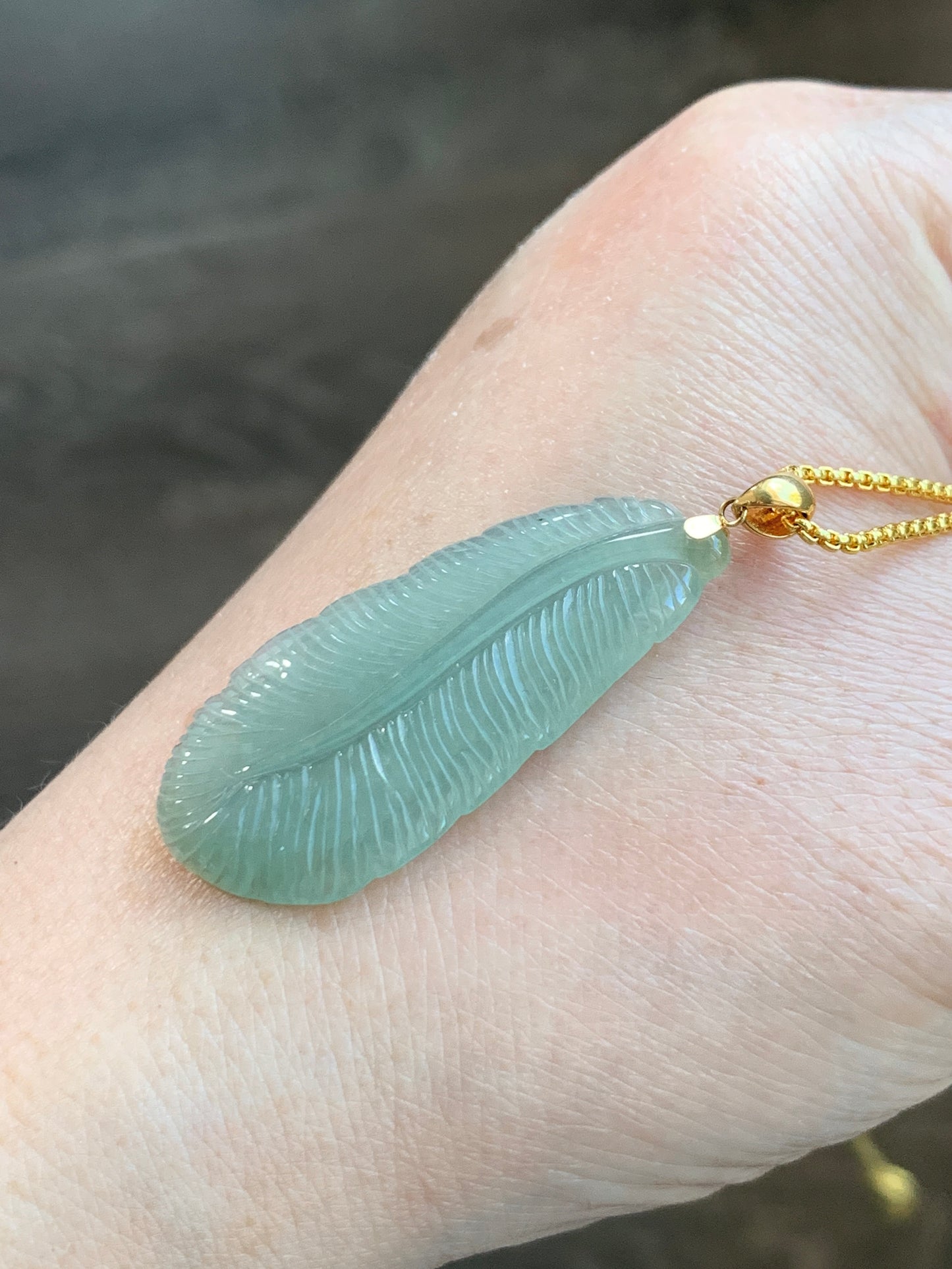Natural Grade A Icy Translucent Light Green Jade Jadeite Carved Large Feather Pendant 18K Yellow Gold Bail 天然冰绿翡翠羽毛镶嵌吊坠 MQL228