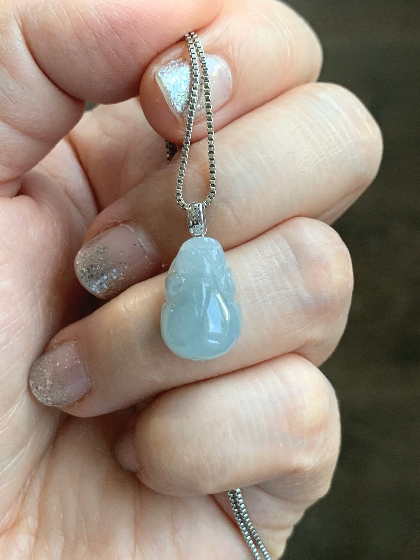 Natural Grade A Icy Translucent Gelatinous Pastel Dusty Blue Jade Jadeite Petite Pixiu Pendant 18K White Gold Bail 天然冰胶淡蓝翡翠貔貅吊坠 MTL250