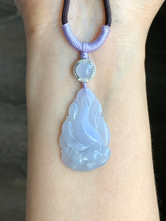 Certified Natural Icy Translucent Gelatinous Soft Purple Jadeite Carved Nine-Tailed Fox Pendant Rope Necklace 26" 天然冰胶淡紫翡翠九尾狐吊坠 3270