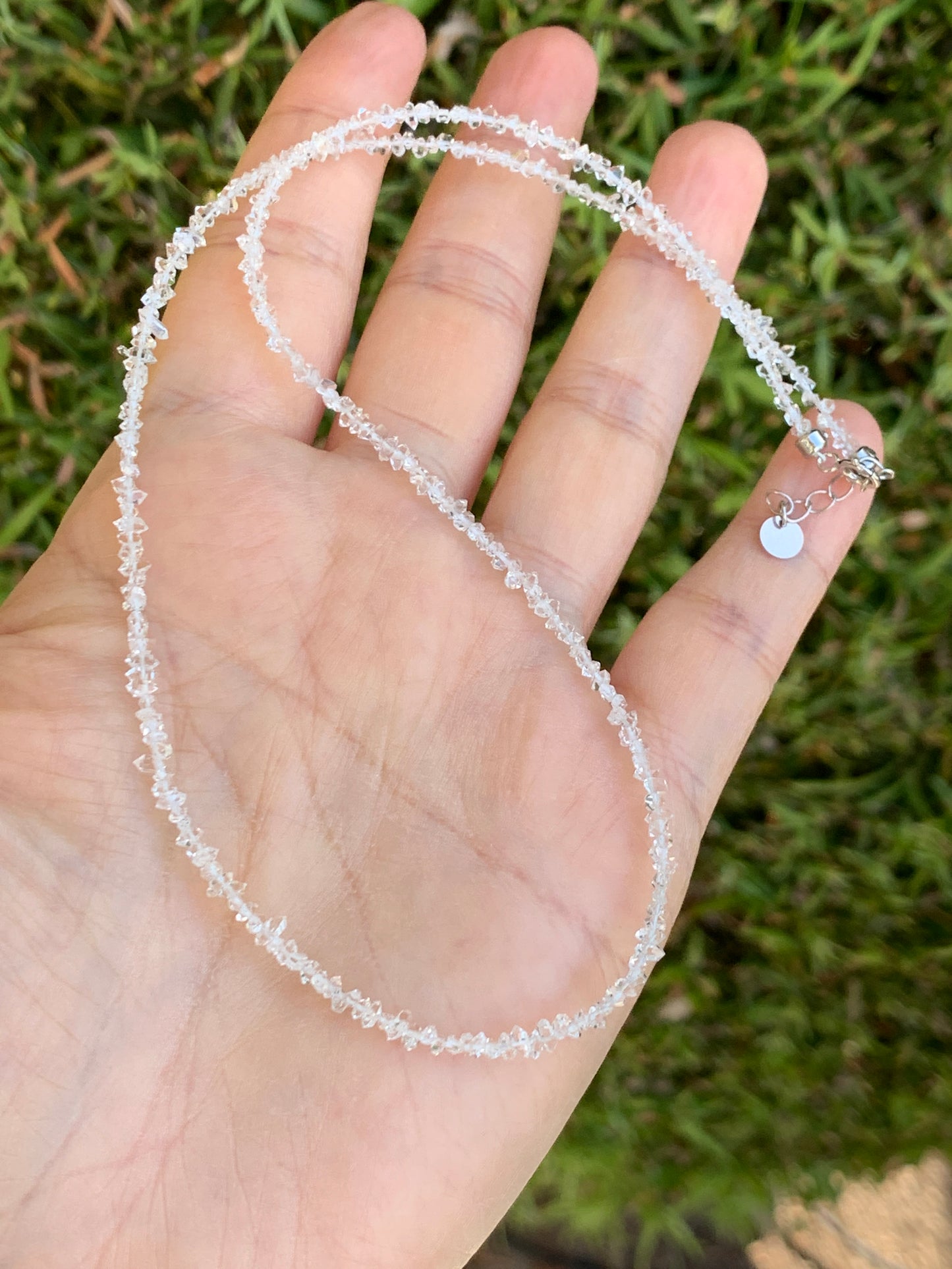 Certified Natural White Quartz Chips Beaded Necklace Sterling Silver Clasp 2.6mm 16.5”-17.25” 3.16g 天然白水晶碎碎项链