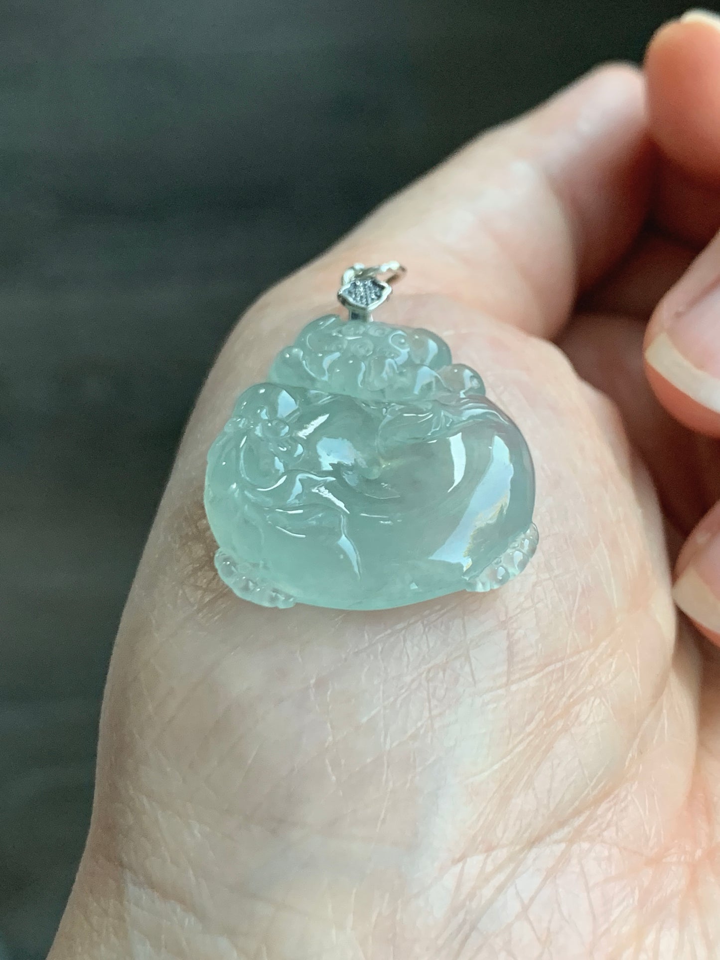 Certified Natural  Premium Icy Light Green Jadeite Lotus Flower Goldfish Ping An Kou Donut Pendant Sterling Silver 天然冰胶起光晴底翡翠莲花鱼吊坠