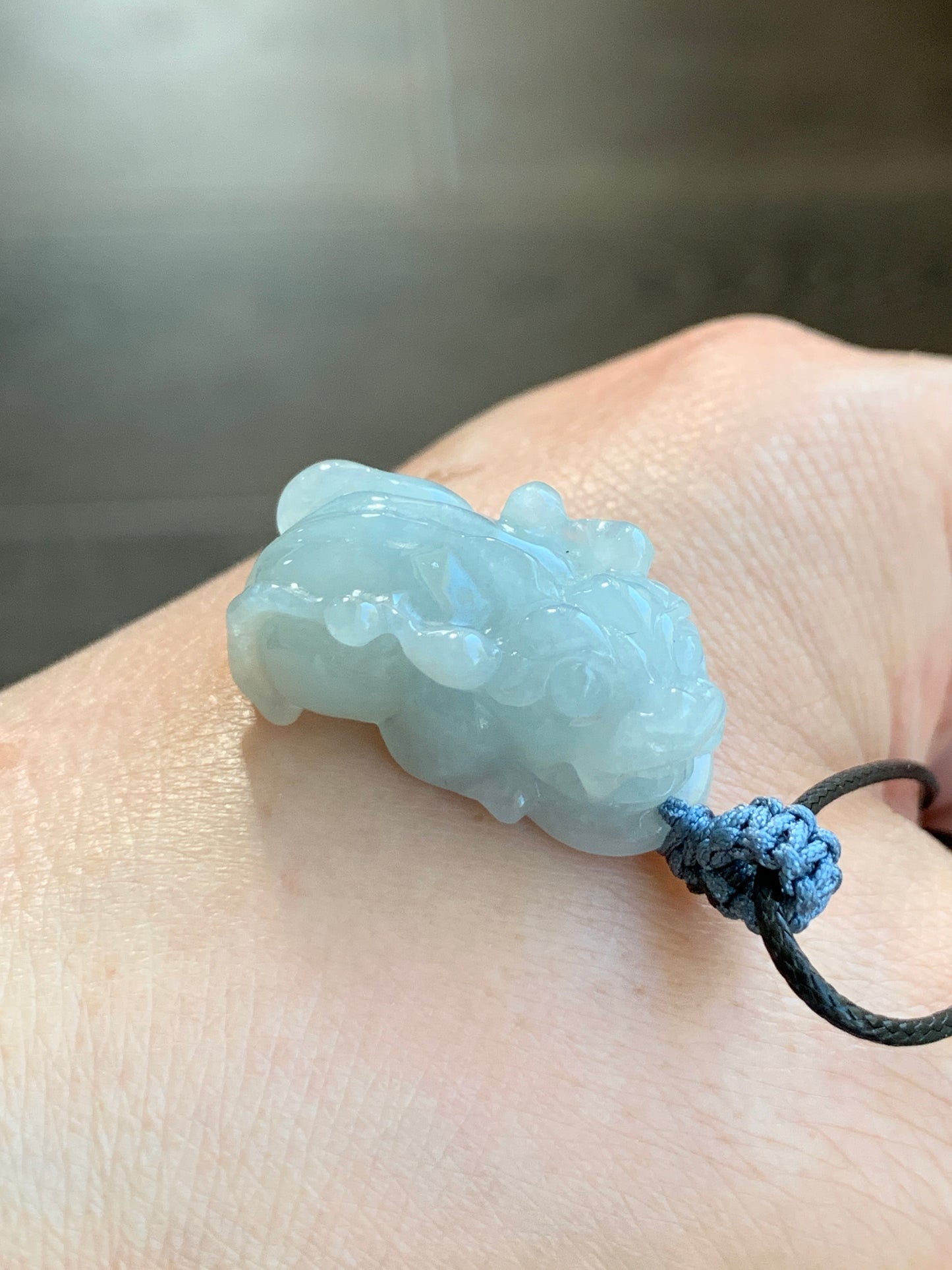 Natural Grade A Icy Translucent Gelatinous Pastel Dusty Blue Jadeite Pixiu Pendant Rope Bail with Black Cord Necklace 11g 天然冰胶淡蓝翡翠貔貅吊坠