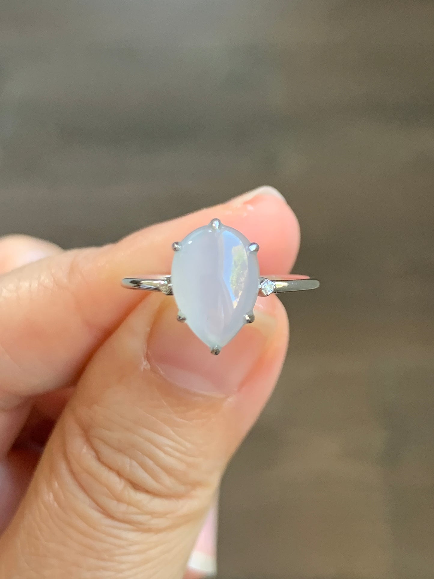 Certified Natural  Icy Translucent Gelatinous White Jadeite Teardrop Ring 18K White Gold and Diamonds size 7 天然白冰胶翡翠水滴镶嵌戒指 1690