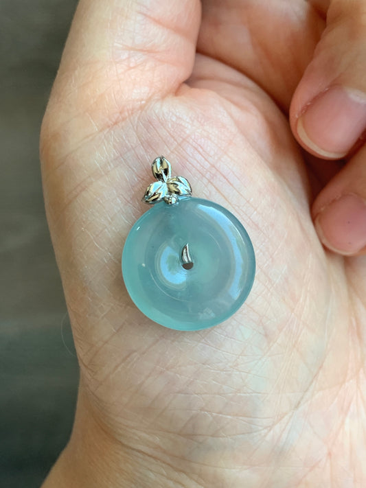 Certified Natural Guatemalan Icy Highly Translucent Light Teal Blue Jadeite Ping An Kou Donut Pendant 14K White Gold 天然冰危蓝绿平安扣镶嵌吊坠 9457